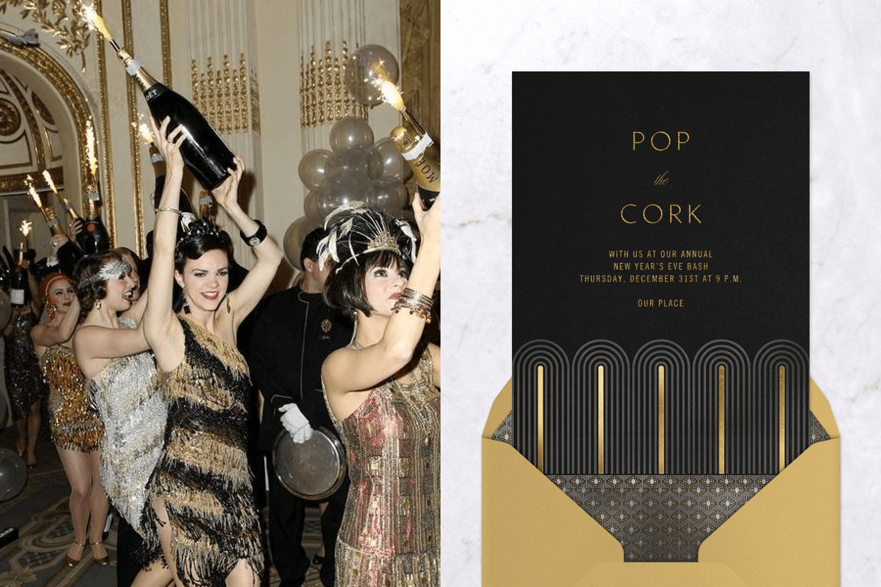 Women in Flapper dresses hold up large sparkling Champagne bottles in an ornate room; a black invitation with gold Art Deco arches on the bottom. 