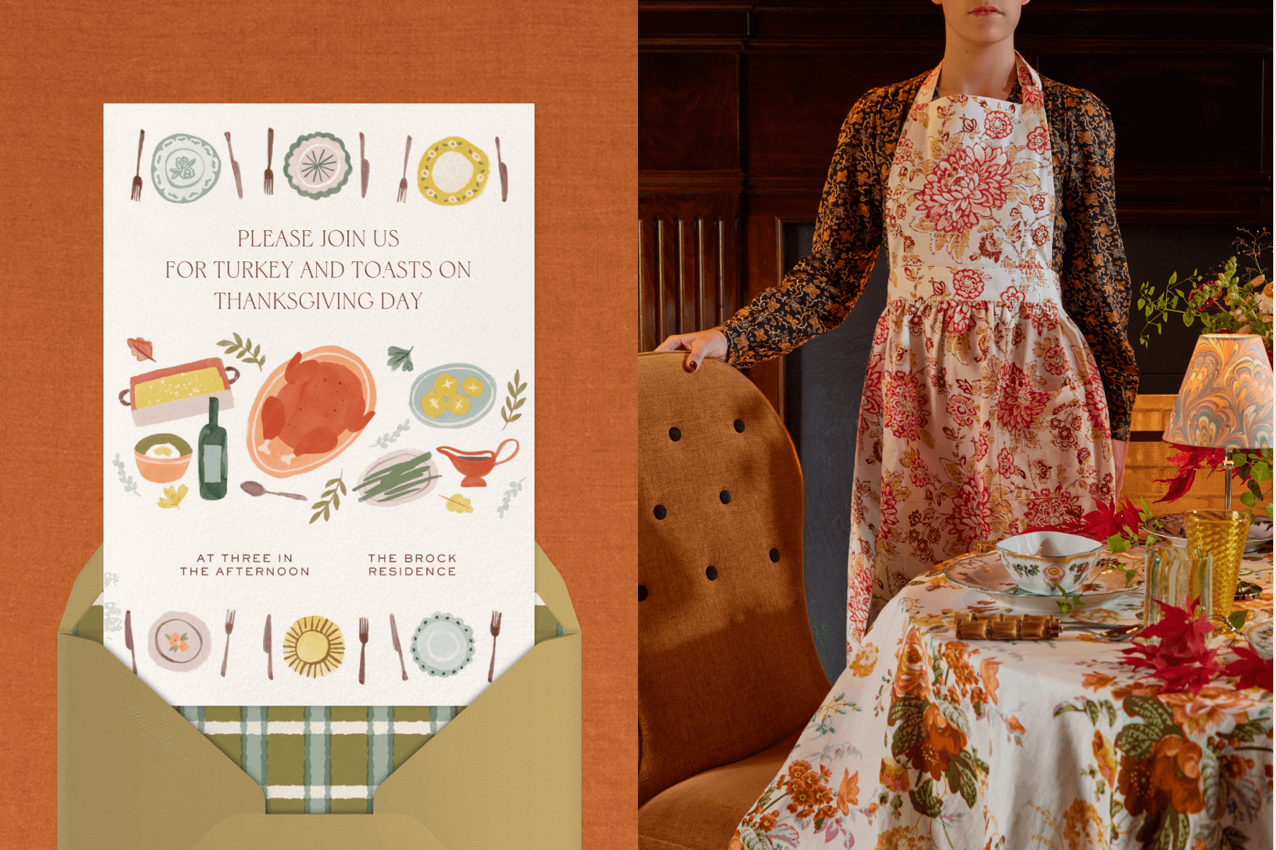 Left: A Thanksgiving invitation with colorful illustrations of food items from a Thanksgiving table, plus a border on top and bottom of ornate dishes and cuttlery. Right: A woman from the neck-down stands at a table with autumnal decor wearing a red, orange, and white floral apron and black and orange floral dress under.