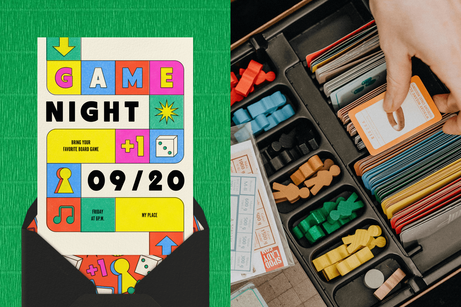 A game night party invitation featuring a colorful game board graphic; A hand picking up a card on a board game setup. 