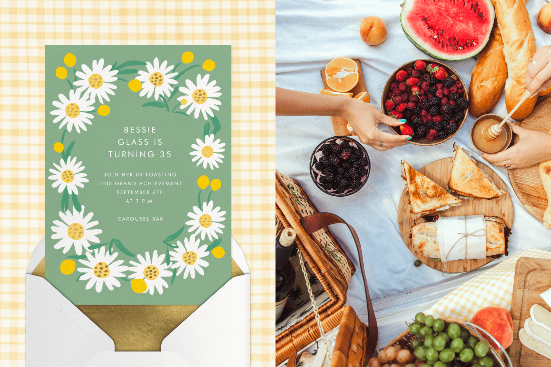 A green invitation with a daisy border and white envelope with gold liner; hands reach for food at a picnic with berries and sandwiches