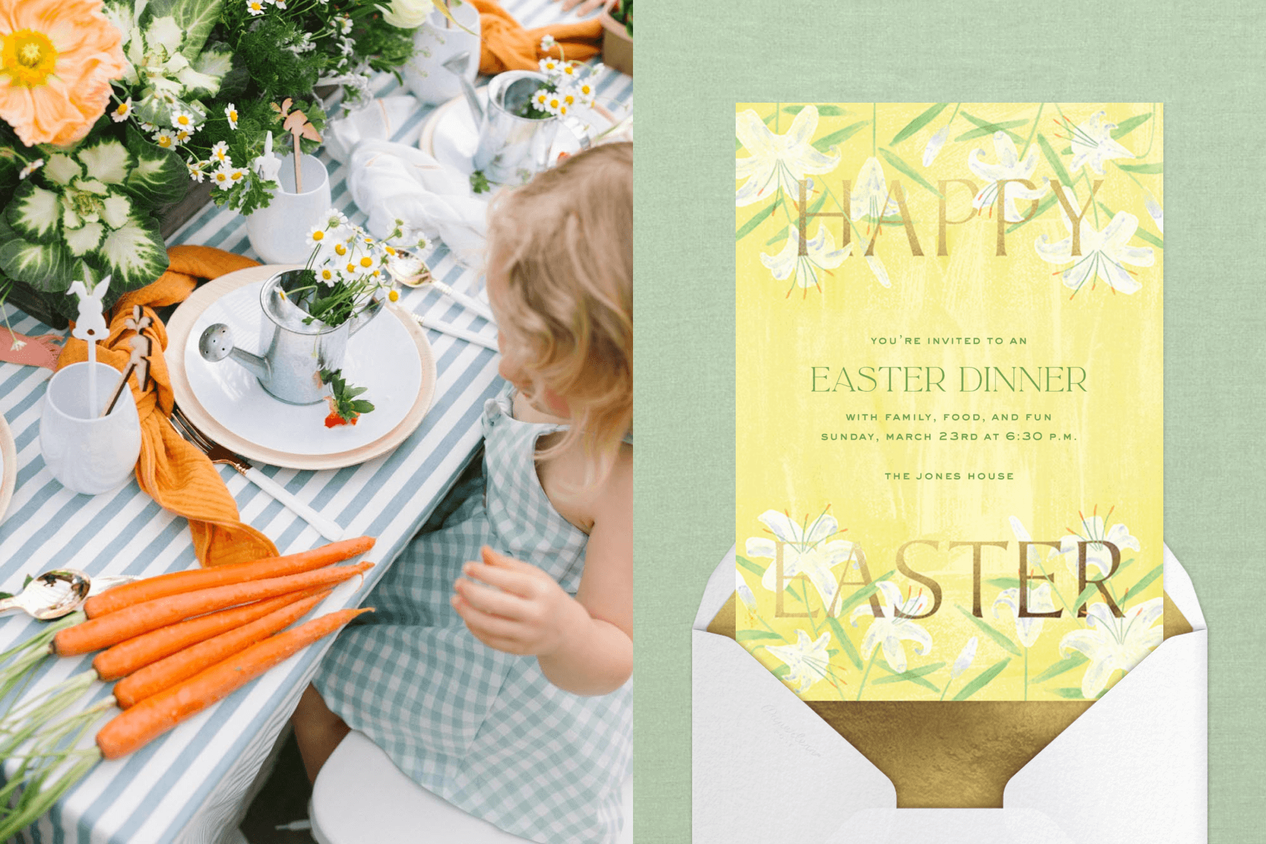 Left: A toddler sits at an Easter table with carrots, flowers, and watering can; A yellow Easter invitation with lilies and the words “Happy Easter.”