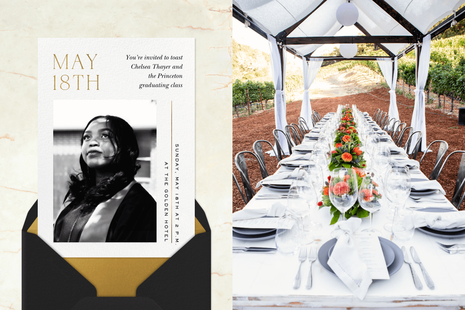 An invitation with gold lettering and a black and white photo of a young woman; a white banquet table under a covering in a vineyard