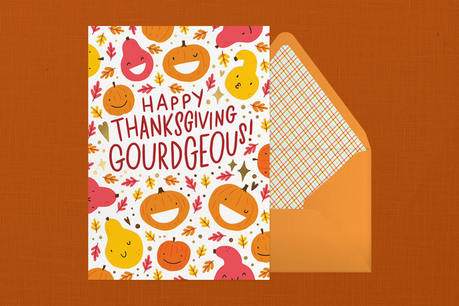 A Thanksgiving greeting card with illustrations of pumpkins and the words “Happy Thanksgiving Gourdgeous!”