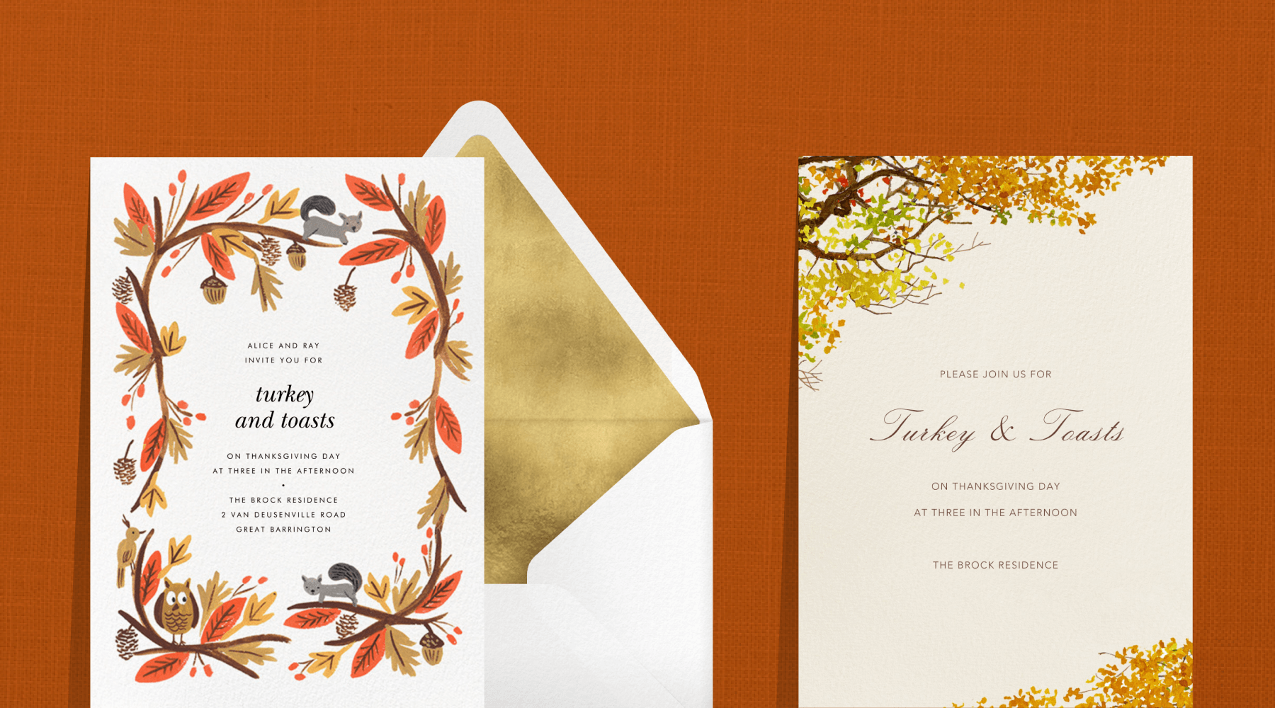 Two invitations for “turkey and toasts” on an orange background. Left has a retro border of simplified branches with autumn leaves and squirrels and an owl. Right has delicate watercolor autumnal branches in the top left and lower right corners.