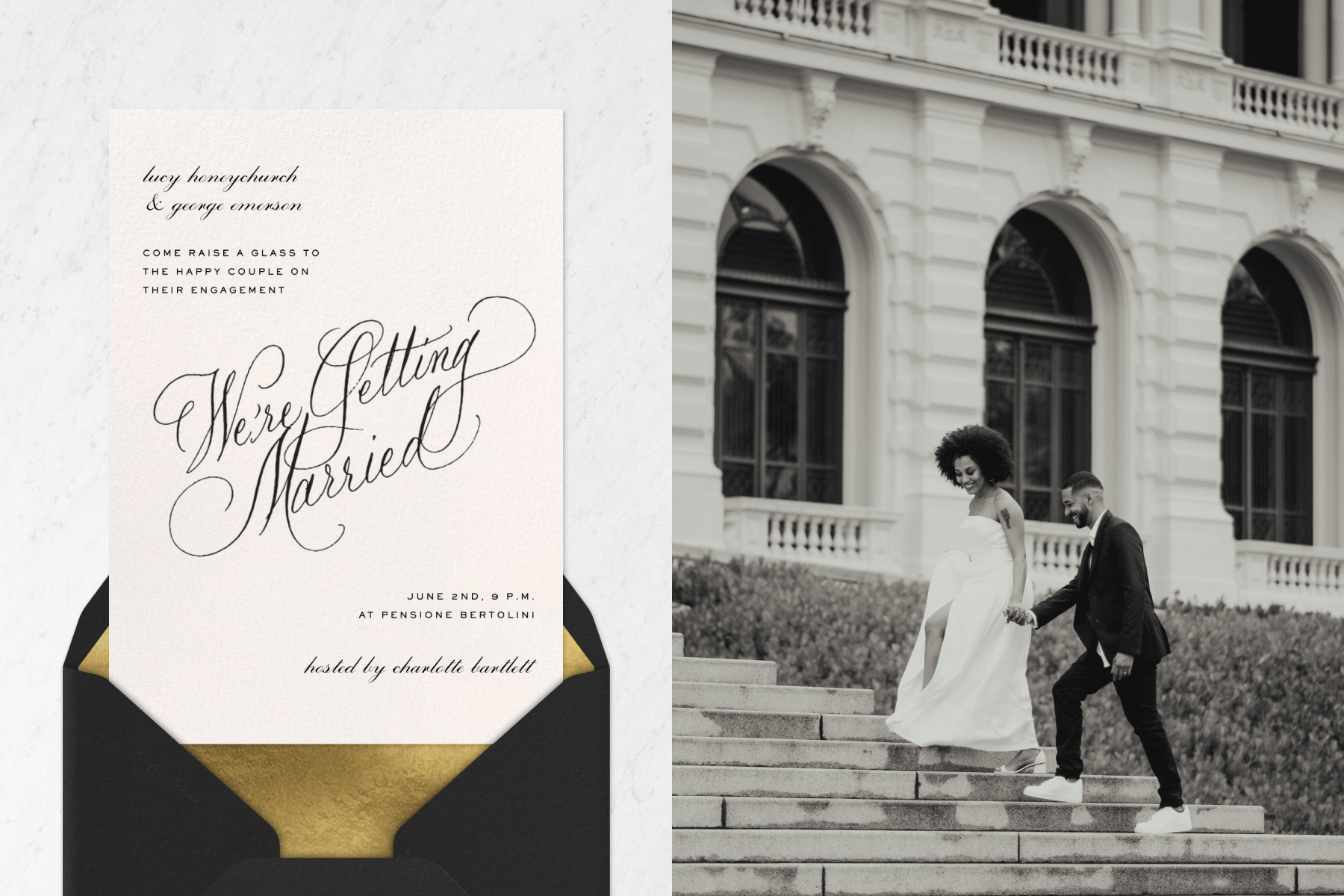 An engagement party invitation featuring script that reads “We’re Getting Married” paired with a black envelope and gold envelope liner; A black and white photo of a group of people doing a cheers with glasses of wine.