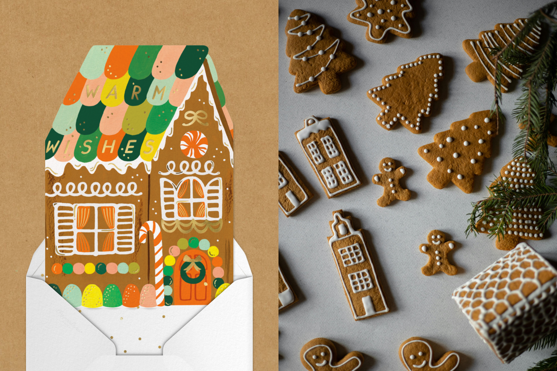 A holiday card featuring a gingerbread house illustration and text that reads ‘warm wishes,’ ALT: An overhead shot of gingerbread cookies decorated with white icing.