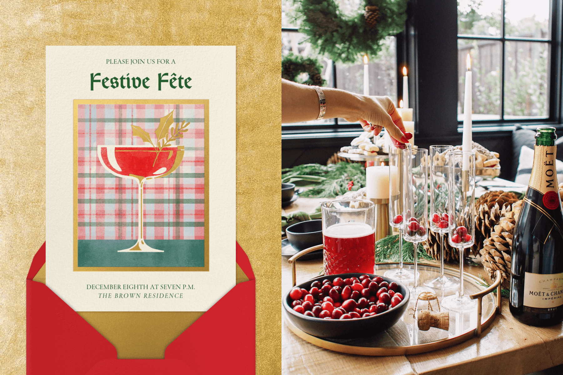 A holiday invitation with a red drink in a coupe glass with holly garnish in front of a plaid backdrop; someone puts cranberries into Champagne flutes in preparation of them being filled.