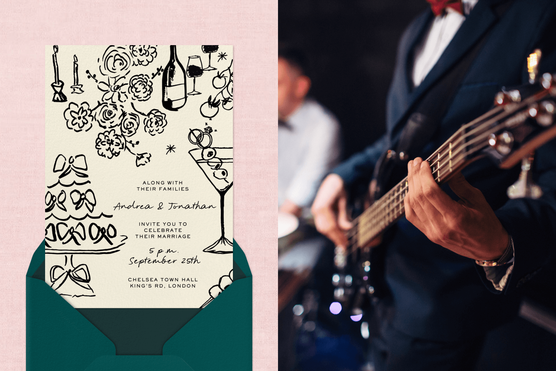 A wedding invitation featuring hand-drawn black illustrations paired with a teal envelope and envelope liner and a pink textured background; An up-close view of a man in a navy suit playing a guitar. 