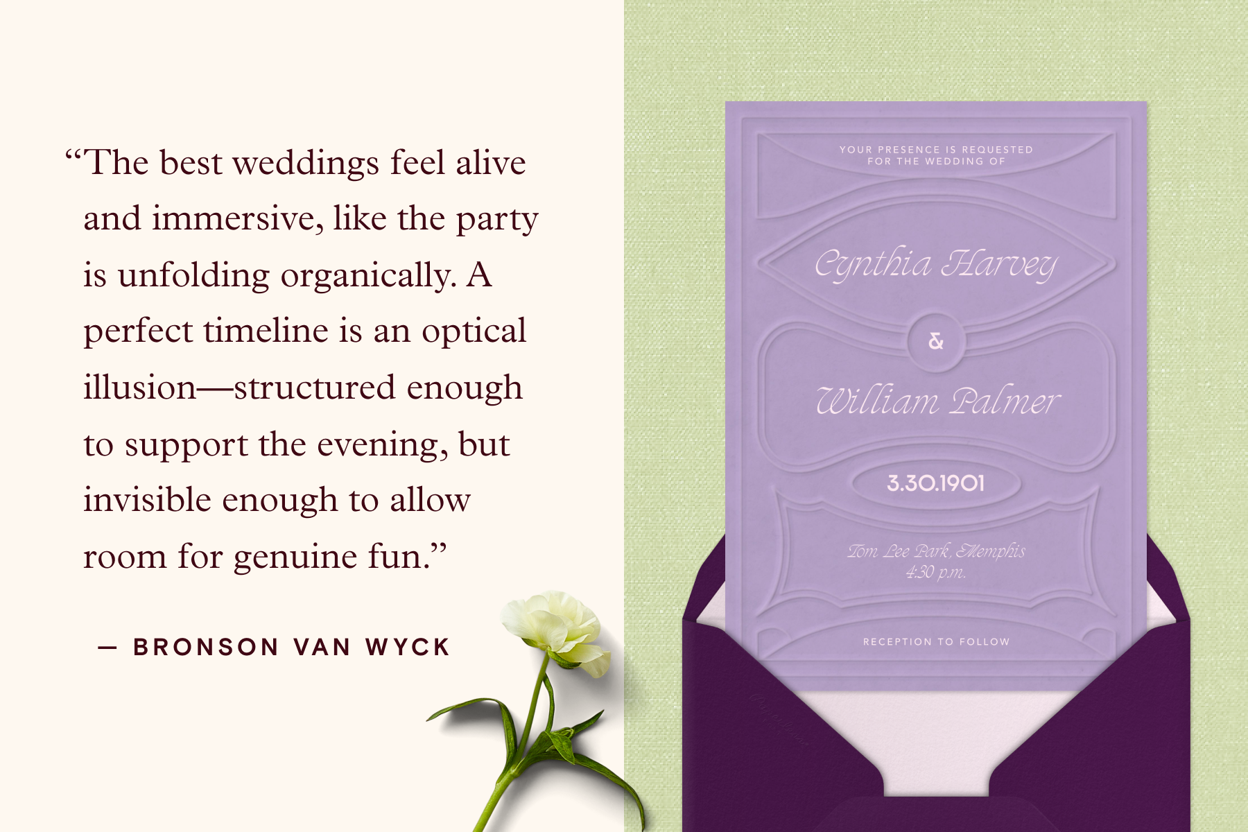 ALT: Left: A quote attributed to Bronson Van Wyck over a cream background, reading ‘Save on things that exist purely for optics or anything that doesn’t contribute to comfort or connection. Intimate weddings are about depth, not spectacle.’ Right: A purple wedding invitation with embossed borders comes out of a dark purple envelope over a light green background. 