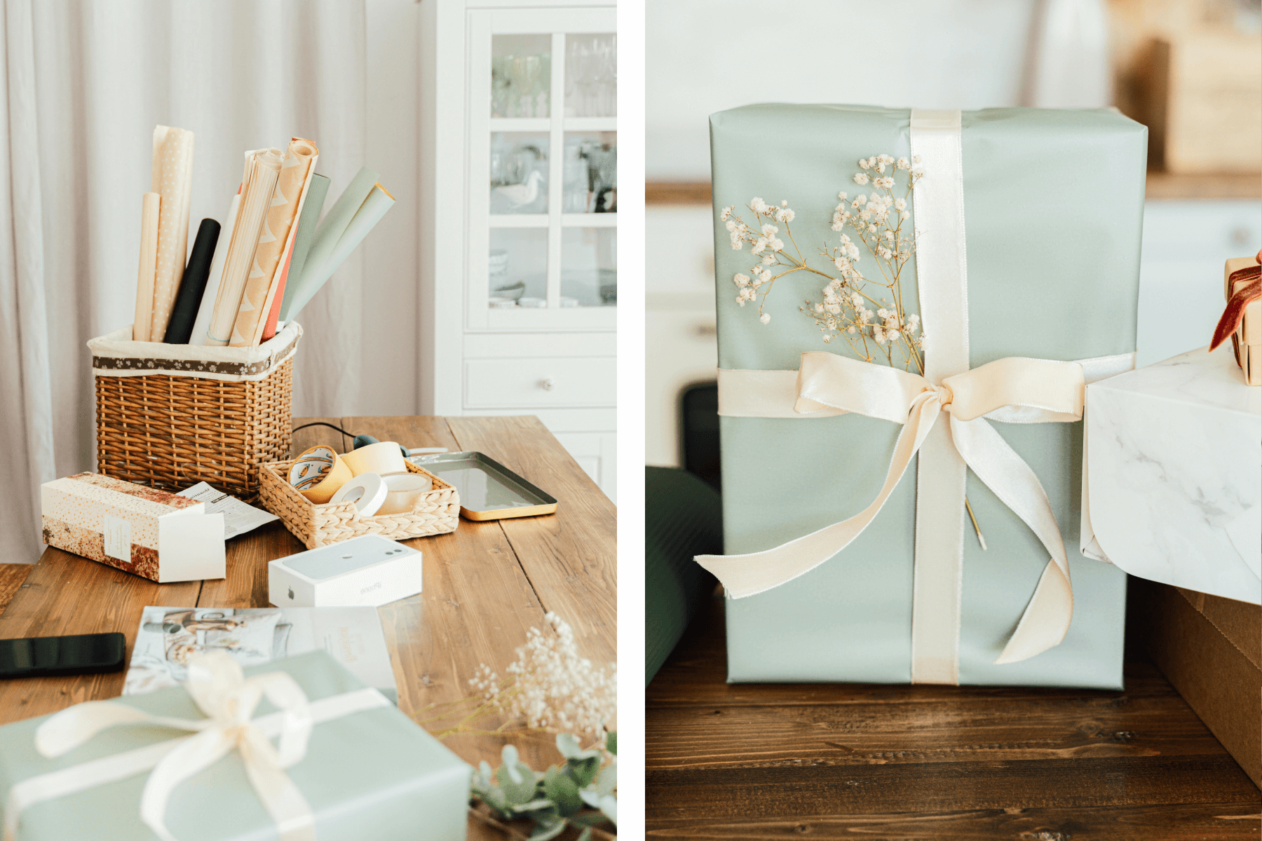 A desk with wrapped gifts and gift wrapping supplies; A wrapped gift with green paper and a floral accent.