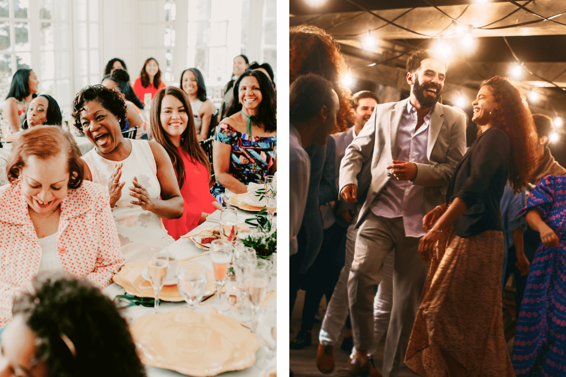 Women smiling and laughing at banquet tables; people dancing joyously at a dimly lit party