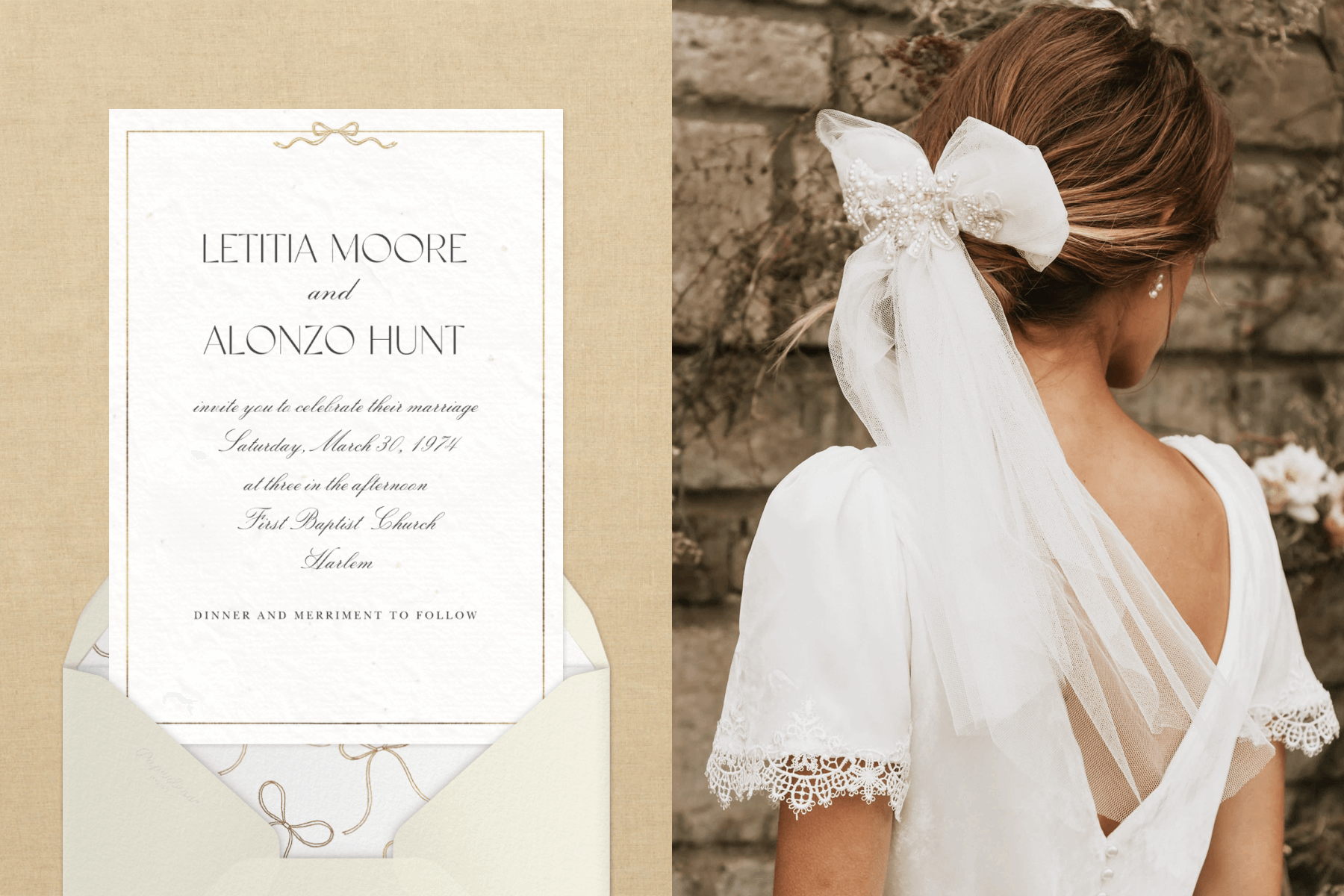 Left: A formal wedding invitation with a bow border; Right: Viewed from behind, a person wears a bow-inspired white veil in their hair.