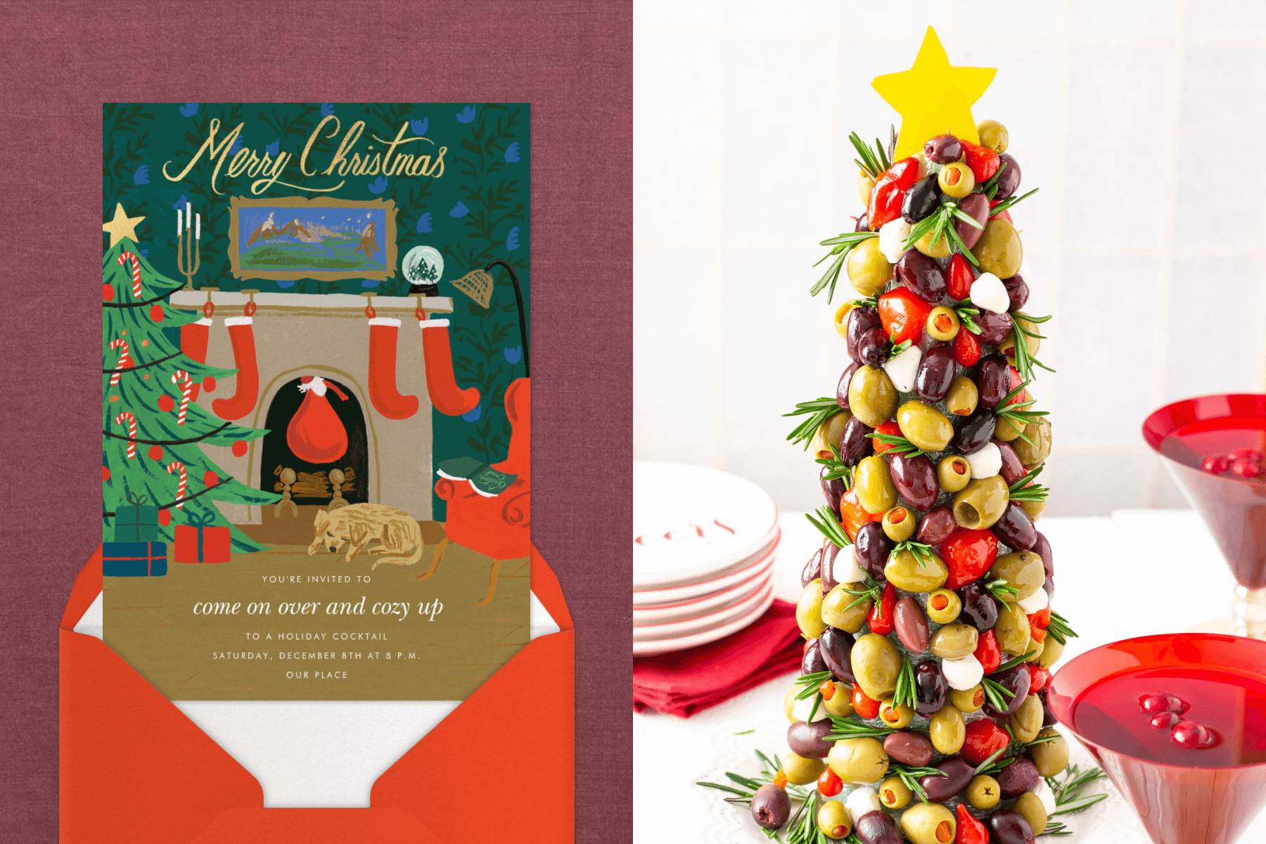 A card with an illustration of a dog and Christmas tree in front of a fire place; a “Christmas tree” made of various colors of olives.