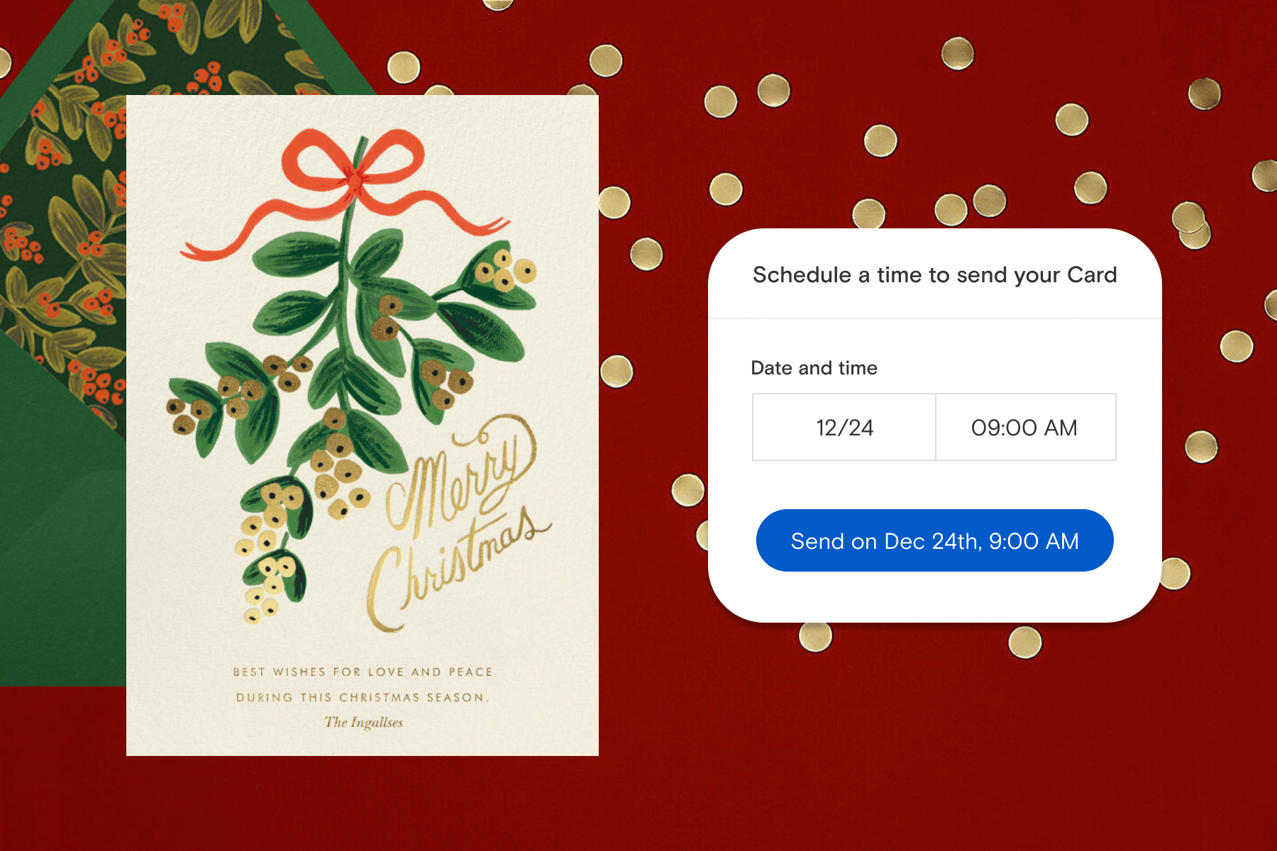 A card with an illustration of mistletoe with gold berries beside a card scheduling popup from the Paperless Post site.