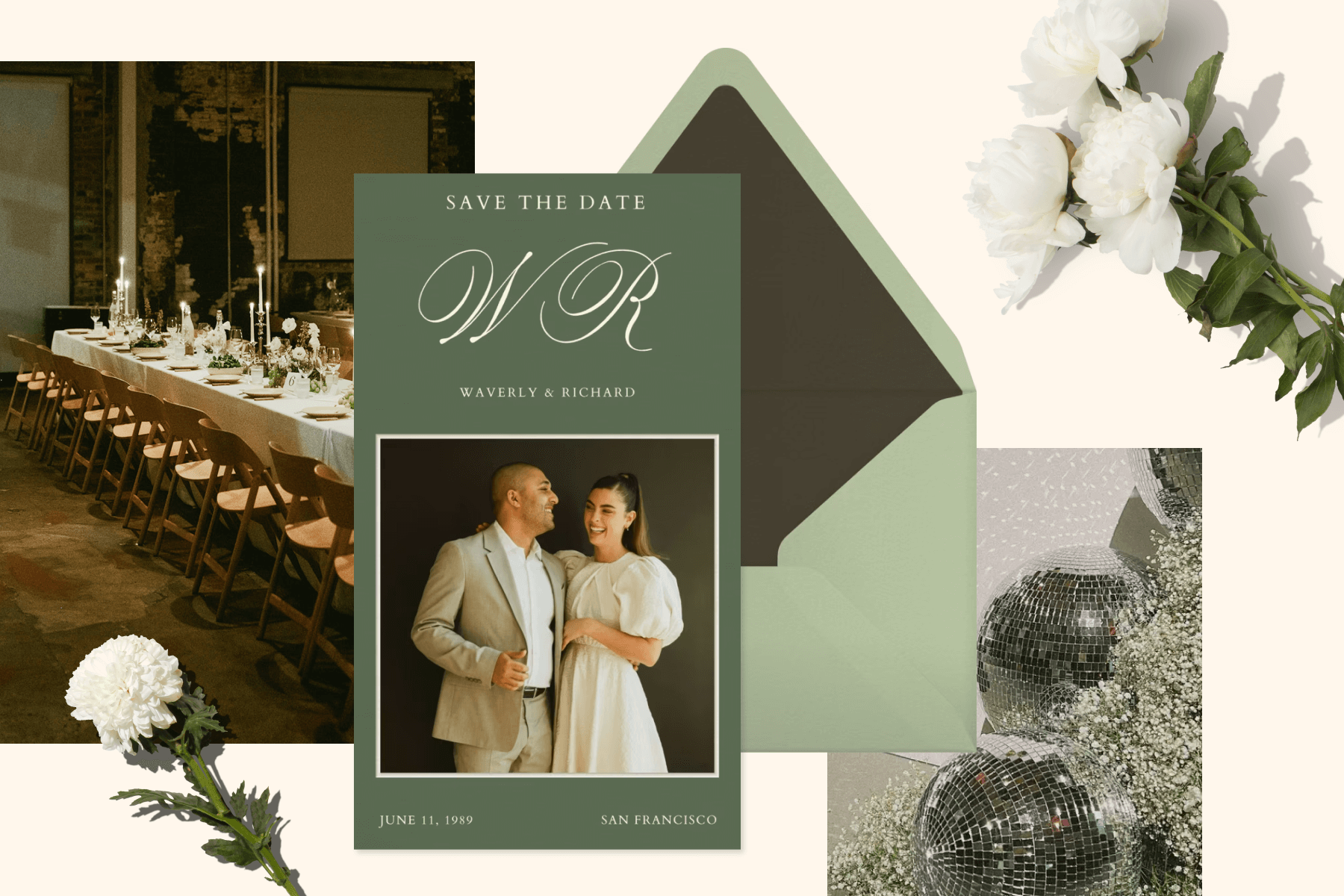 A cream background with white floral accents, a photo of an indoor seated dinner, a photo of disco balls and flowers, and a green save the date featuring a photo of a couple paired with a green envelope.