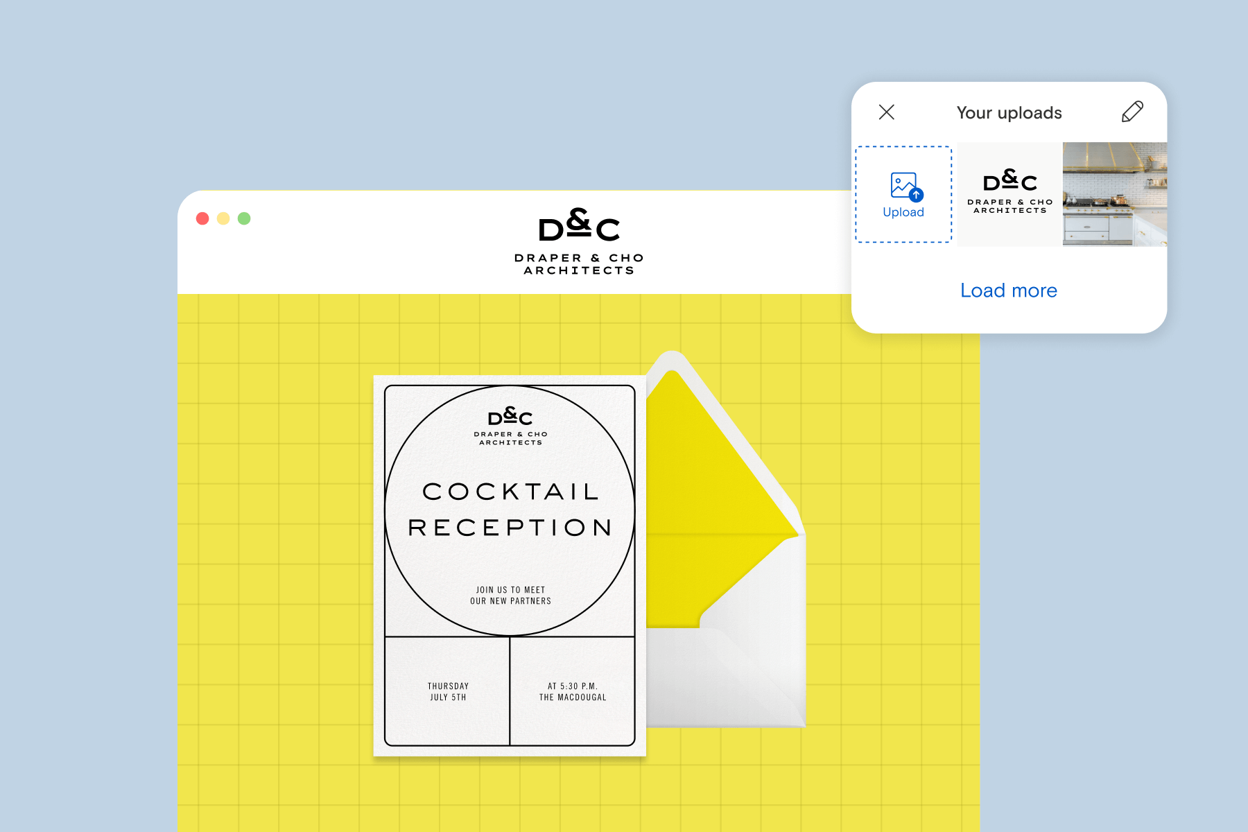 A cocktail reception invitation with a business logo over a yellow background, with the same business logo being added as the event page header.