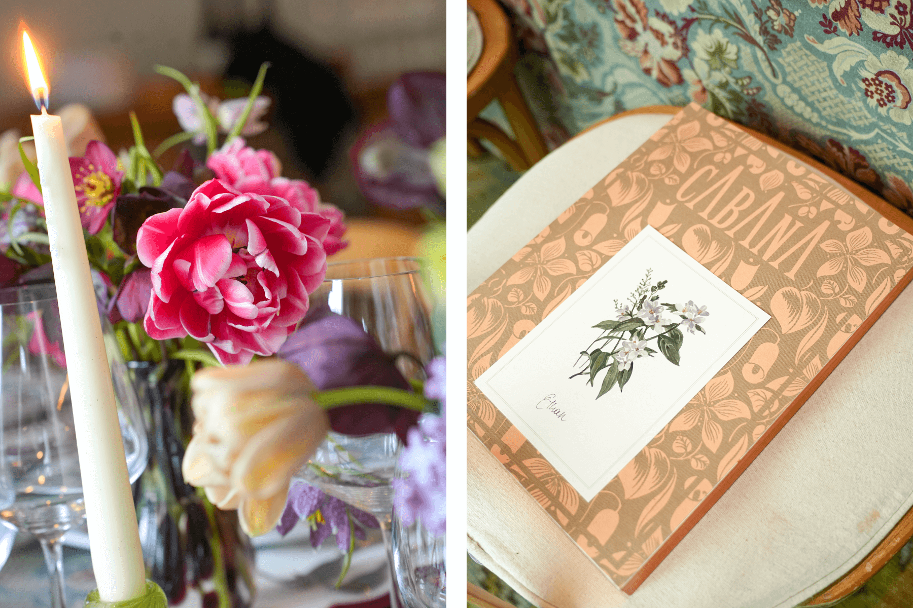 A white taper candle on a dining table next to a vase with pink and white flowers; A dining chair topped with a Cabana magazine and a white placecard with the guest’s name and an illustration of white flowers with green leaves.  