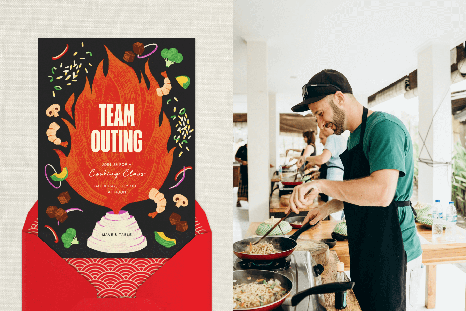 An invitation for a team outing at a cooking class with a black background, large orange illustration of a flame coming from a stack of onions on a hibachi table, and colorful illustrations of various vegetables, shrimp, and meats; A man wearing an apron is stirring food in a frying pan at a cooking class.