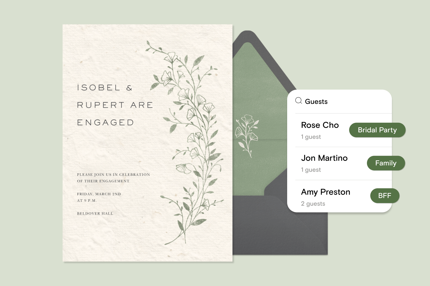 A cream wedding invitation with a sage floral motif, matching envelope, and an illustration of the Paperless Post feature Guest Tags.