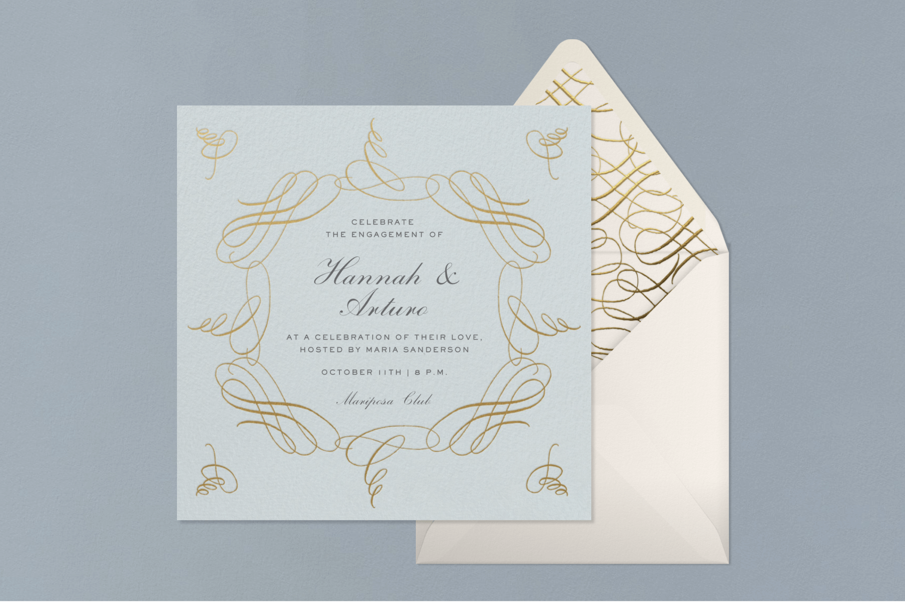 A light-blue engagement party invitation with a flourish of calligraphic elements and a matching envelope.