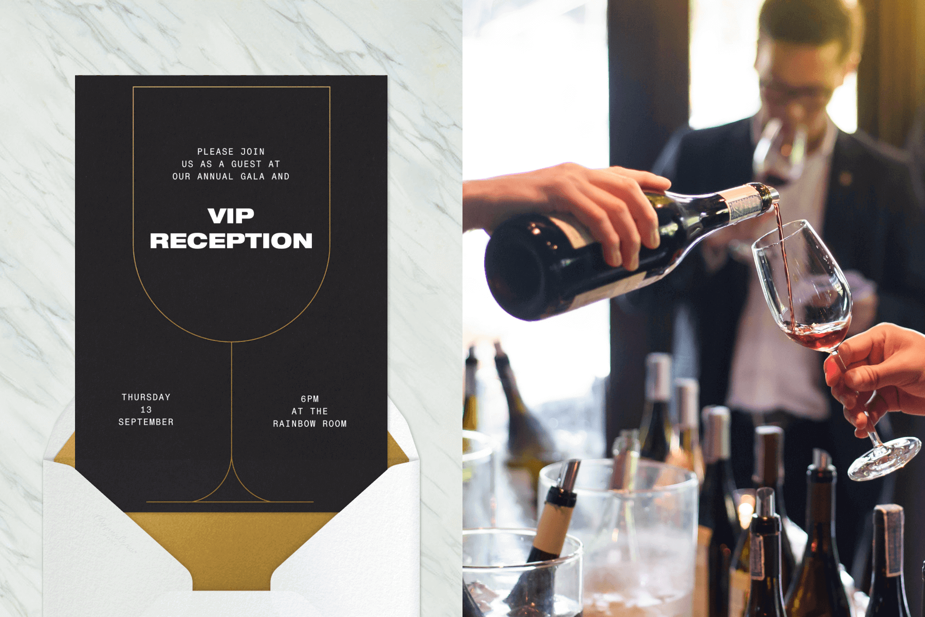 A VIP reception business invitation featuring a black background and modern wine glass illustration; A bar setup with red wine being poured into a glass.