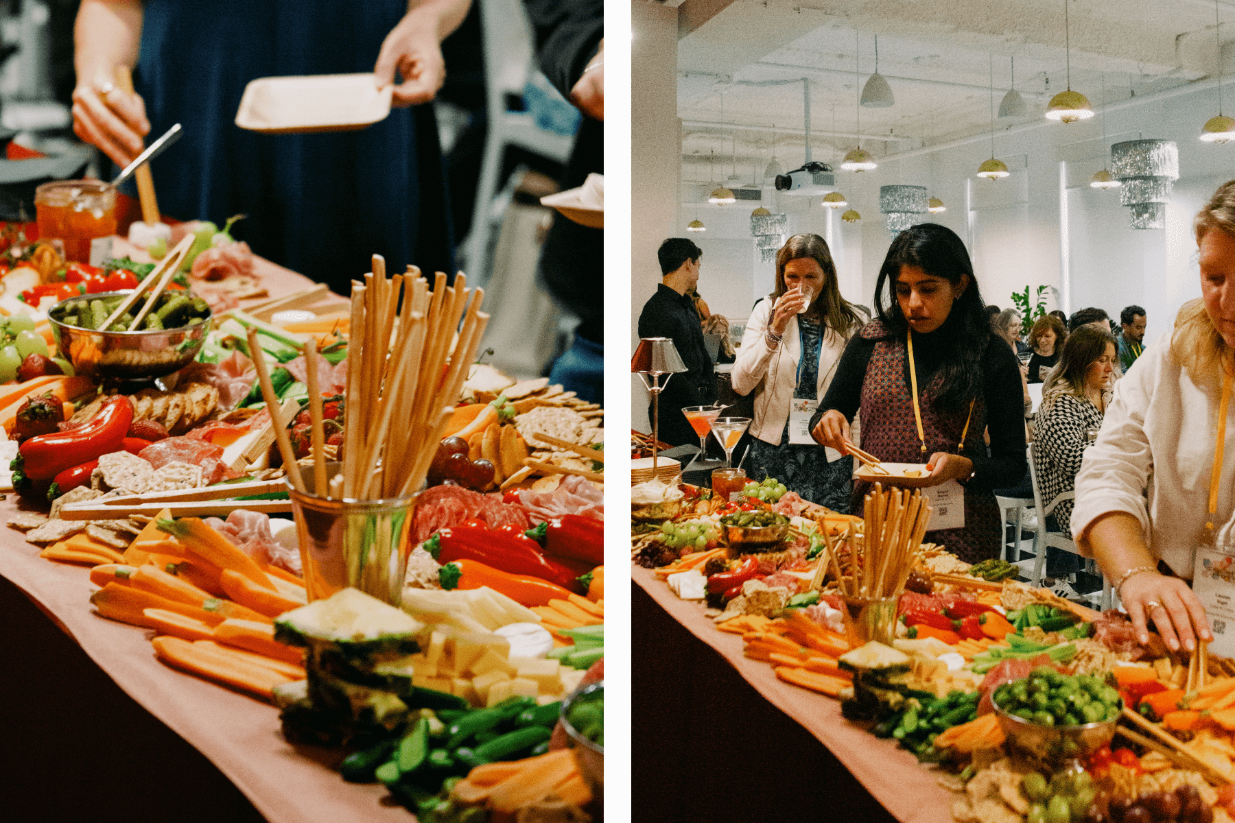 An image of a food spread, including vegetables, crackers and charcuterie; on the right, the same food spread with three people taking items from it for their plates.