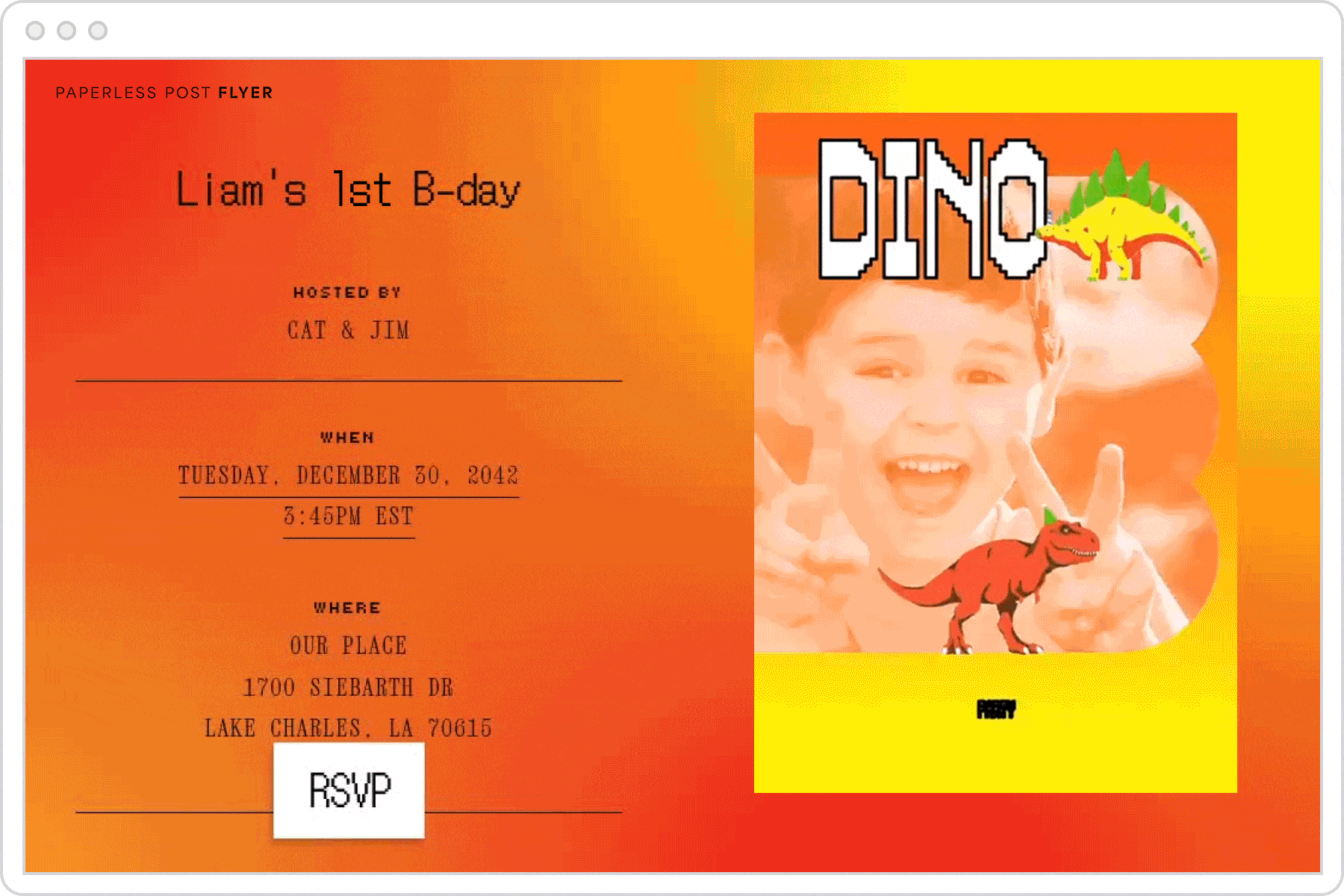 A Flyer event page with the words ‘Liam’s 1st B-day’with a boy holding up two peace signs beneath an orange overlay. White text reads ‘Dino party’ next to two dinosaur illustrations. 