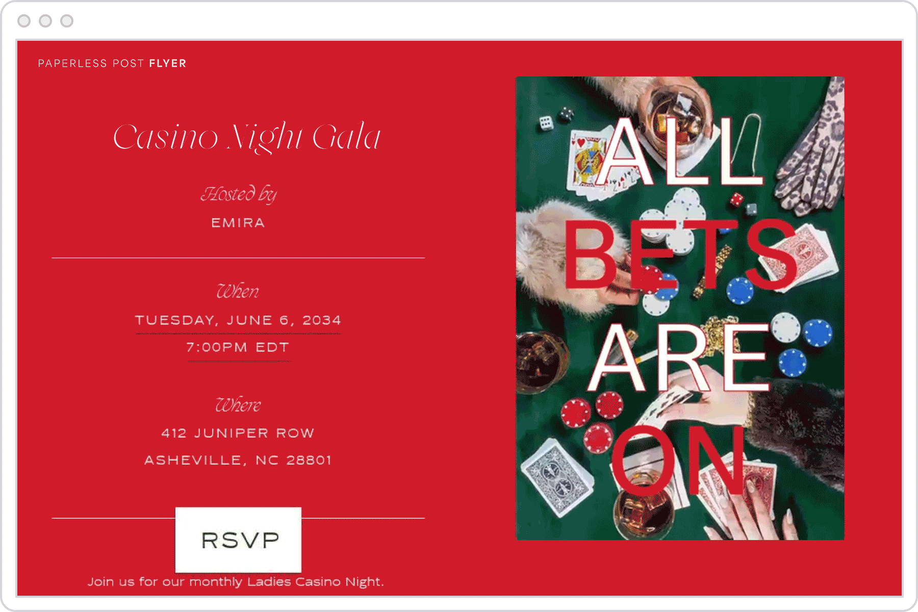 A red casino-themed Flyer invite with poker imagery on the right side of the event page.