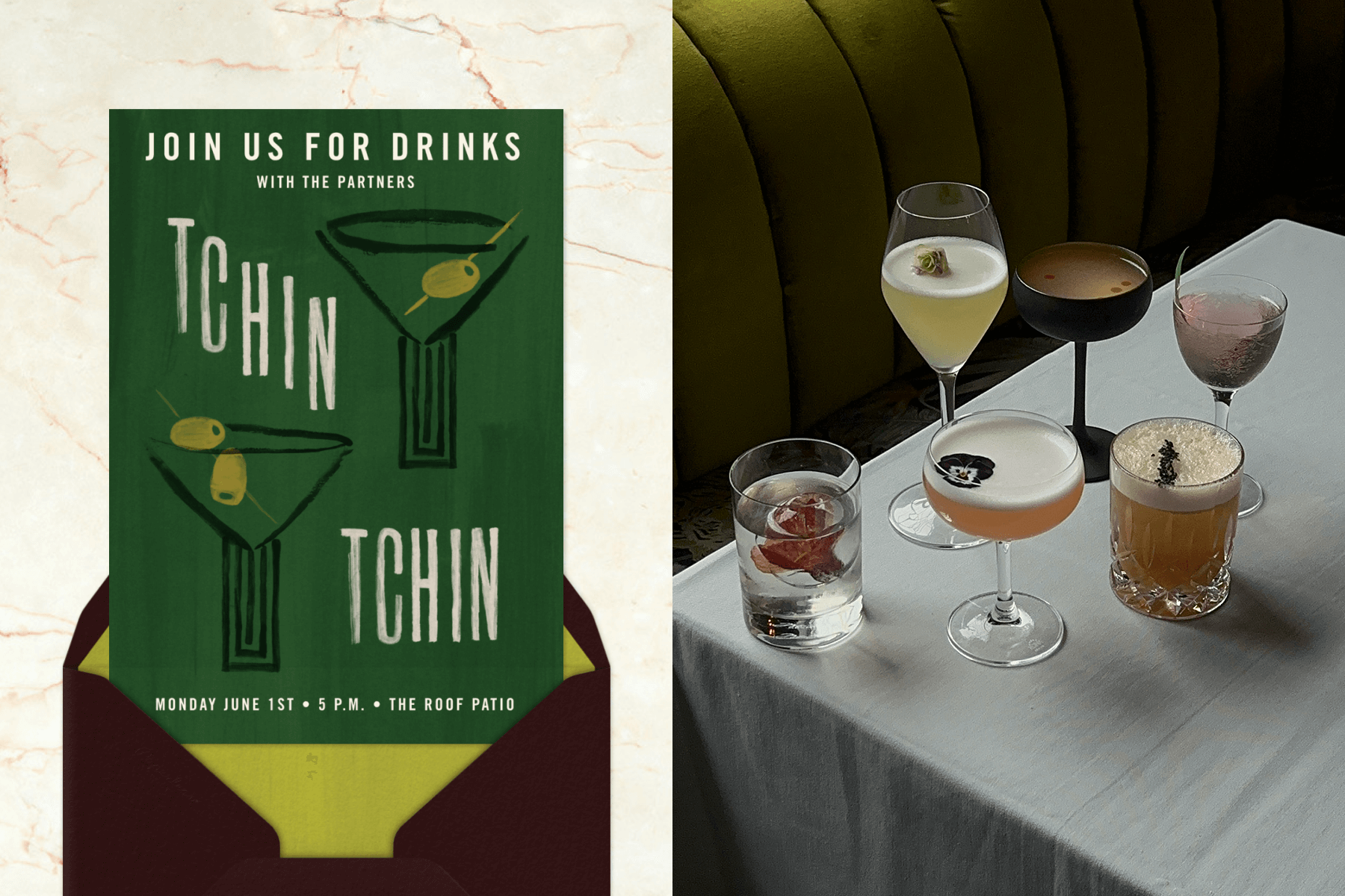 Left, a green, illustrated invitation to a happy hour with two martini glasses sits on a dark brown envelope on a marble backdrop; Right, a photograph showing the corner of a table with six different cocktails on a white tablecloth with a green suede booth in the background. 