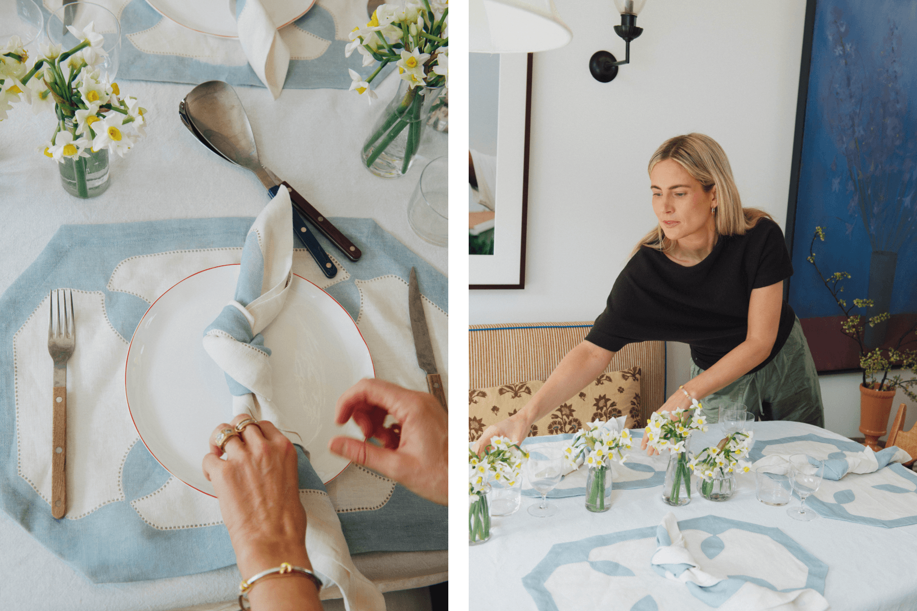 Left: Hands over a table being set with blue and white place mats, white flowers in vases, white plates, and a blue and white napkin tied into a knot. Right: Lucy Williams setting the same table with blue and white place mats, white flowers in vases, and blue and white napkins tied into knots. 