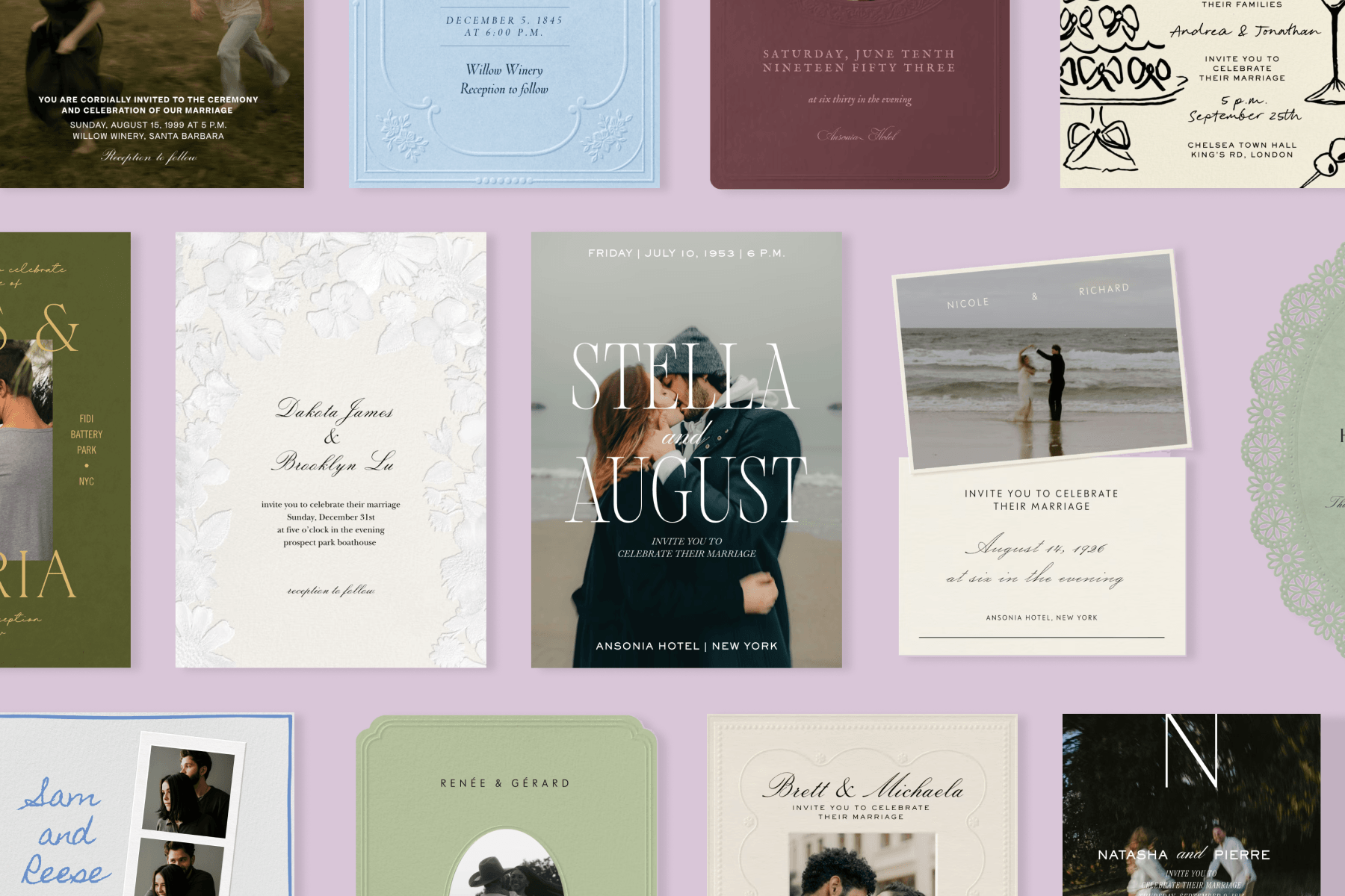 ALT: On a purple backdrop sits a variety of wedding invitations in different styles.