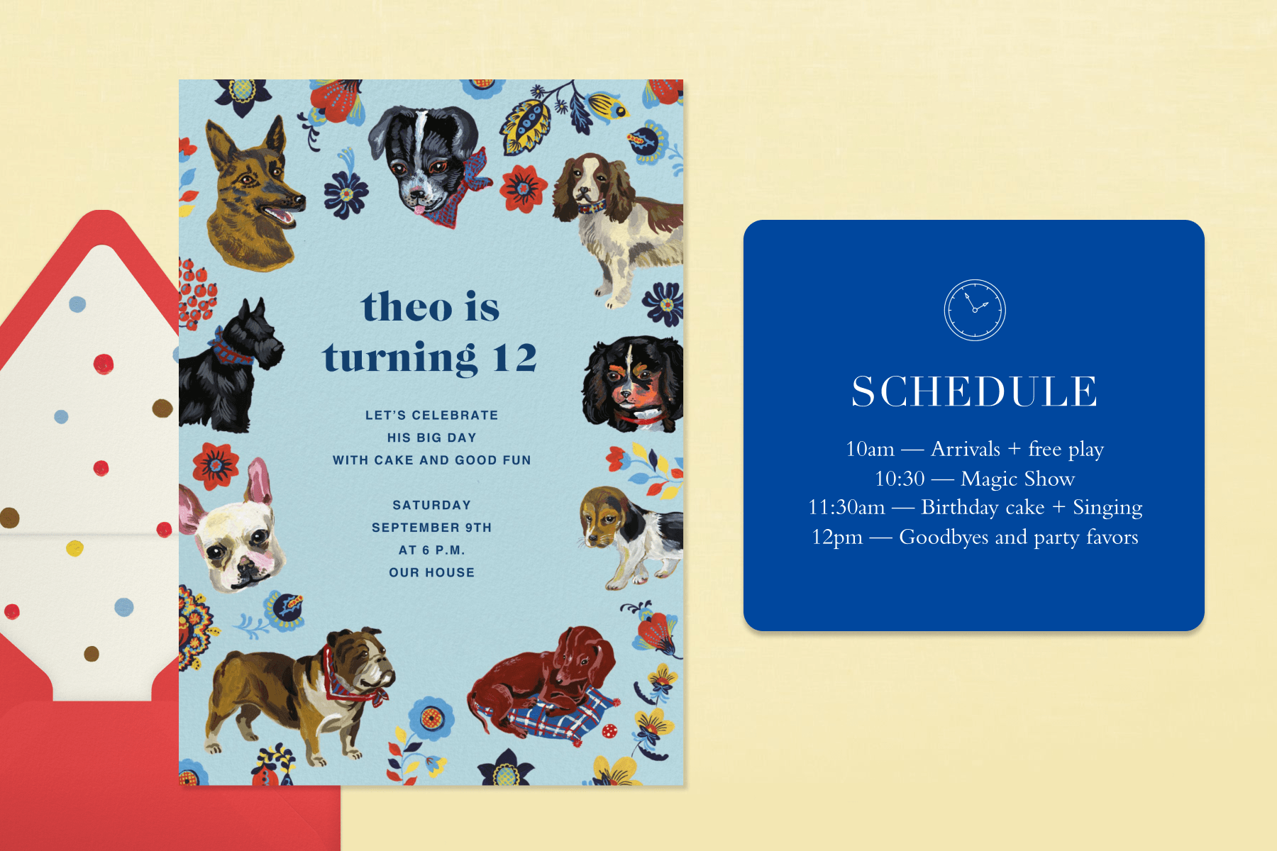 Left: A dog-themed invitation sits to the right of a red envelope with a rainbow dot interior against a butter-yellow backdrop. Right: A blue schedule UI Block showcases different time blocks on an itinerary against a butter-yellow backdrop.