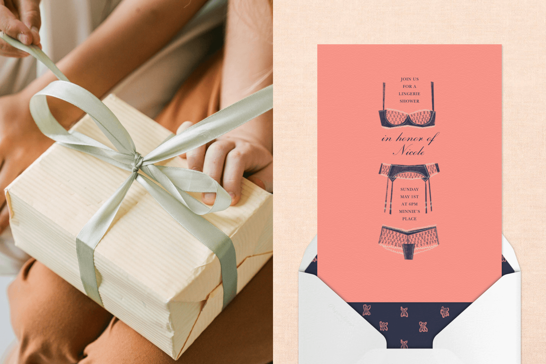 An image of someone unwrapping a present with ribbon; a tangerine invitation featuring three-piece black lingerie on a cream backdrop.