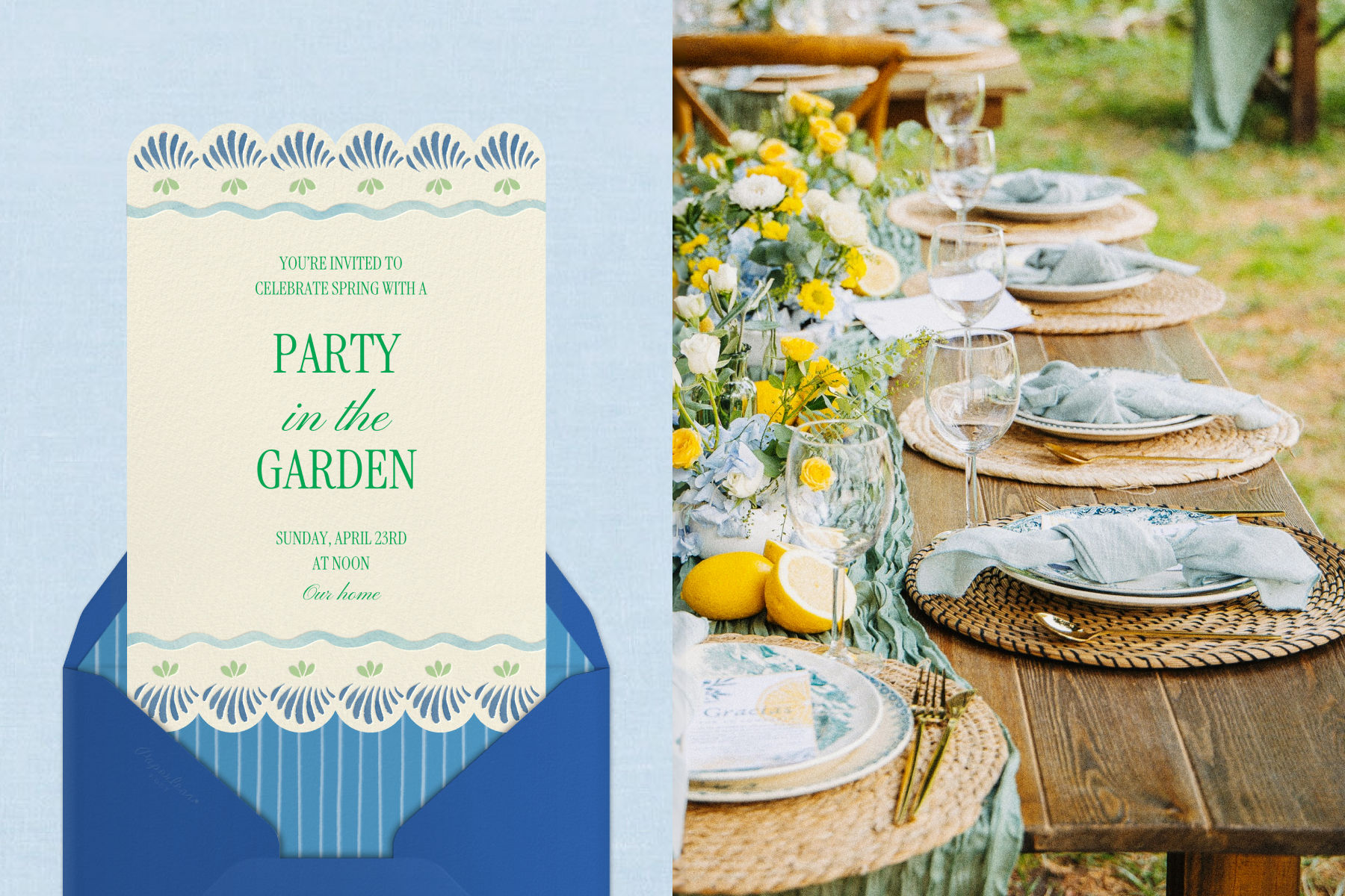 Left: A cream-colored invitation with a scalloped border and green text reading ‘PARTY IN THE GARDEN’ sits above a blue envelope over a light blue backdrop. Right: A wooden outdoor table set with plates, wine glasses, lemons, and yellow and white flowers.