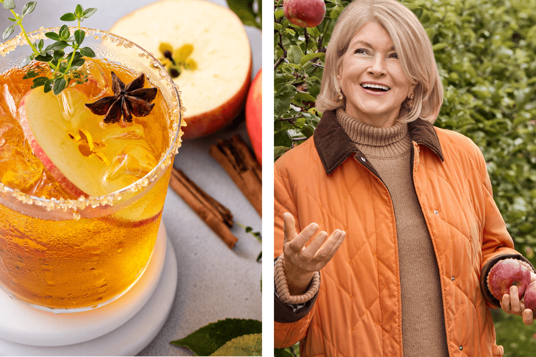 Left: A photo of an iced cocktail in a clear glass with an apple slice and spices as garnish, with cinnamon sticks and cut apples in the background; Right: A photo of Martha Stewart smiling and playfully throwing an apple into the air.  