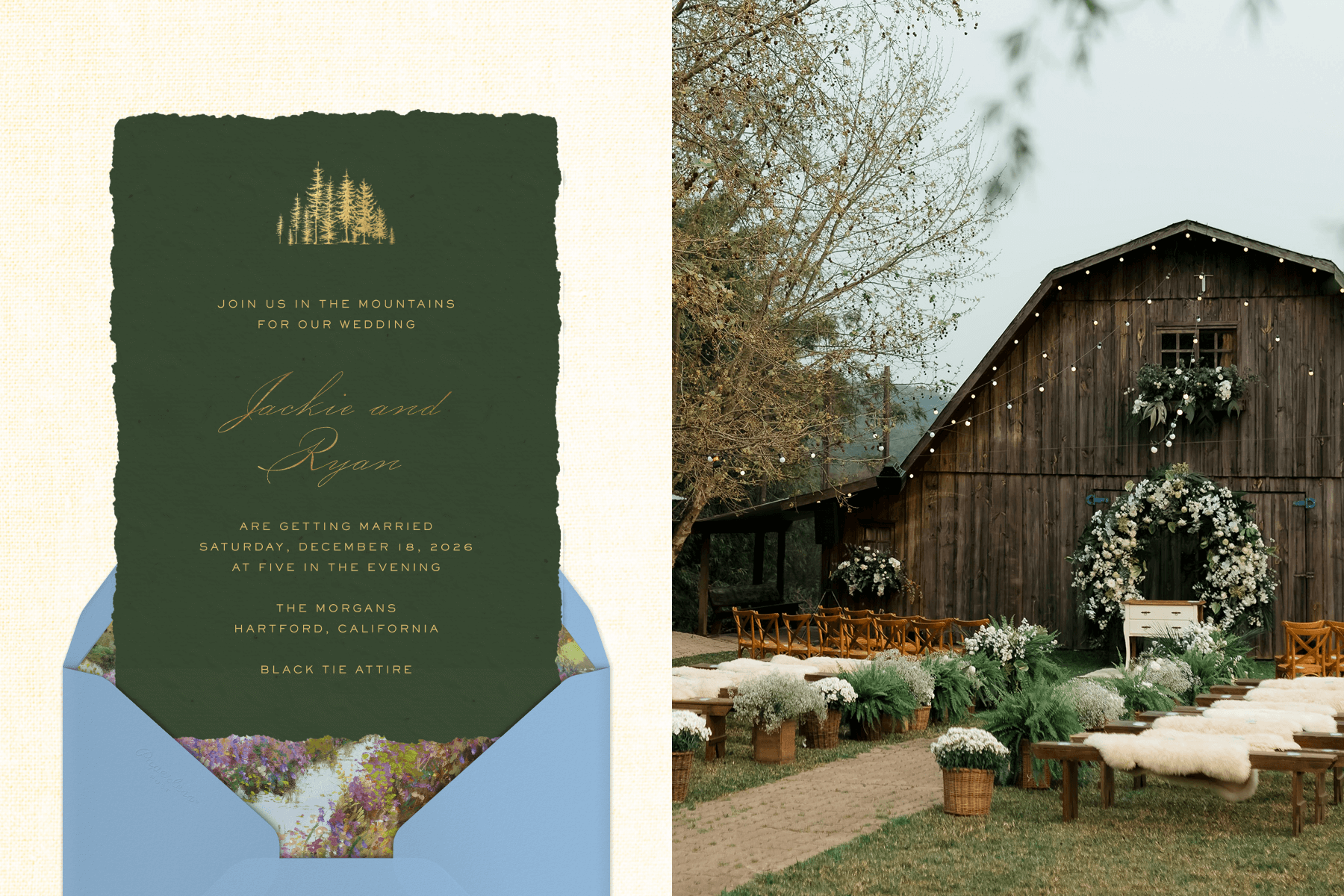 A dark green wedding invitation with gold script, a gold tree illustration, and a ripped edge with a light blue envelope and floral envelope liner; An outdoor wedding ceremony next to a barn with greenery accents, wood chairs, string lights, and sheepskin blankets.