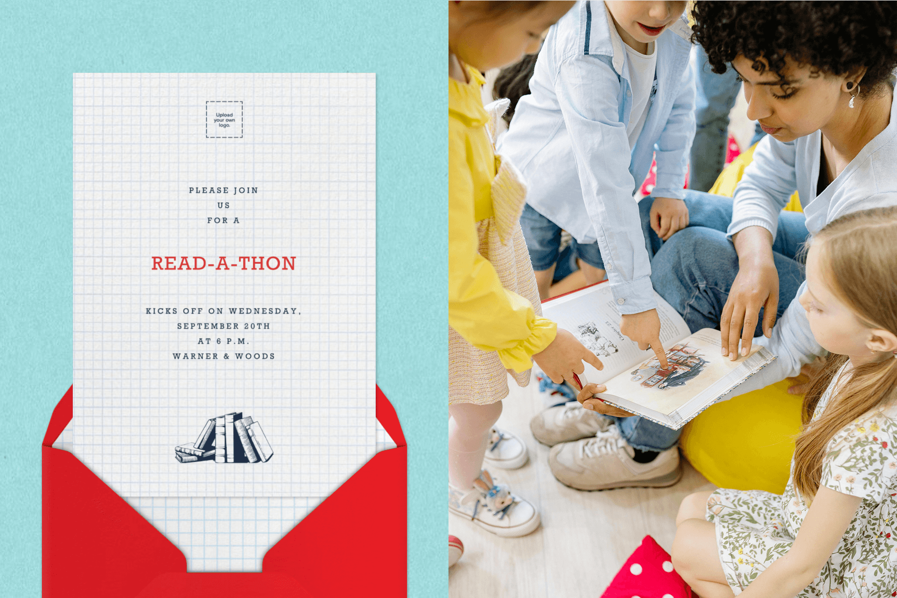 An invitation for a read-a-thon with red text, a grid background, and a red envelop; A woman reading a book to three young kids pointing at the illustration on the page.