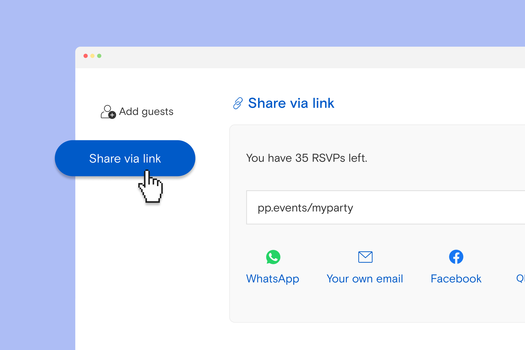 Alt text: An example of Paperless Post invitation sending UI with the computer mouse icon hovering over ‘Share via link’ next to the other sharing options such as WhatsApp, your own email, Facebook, and more.