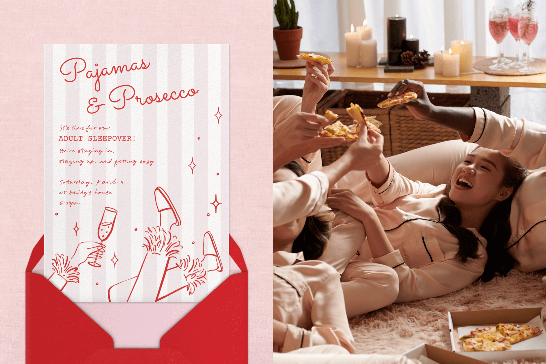 An invitation for a pajama party featuring pink and white stripes and red text and illustrations; A group of girls in matching PJs laying on the floor eating pizza.