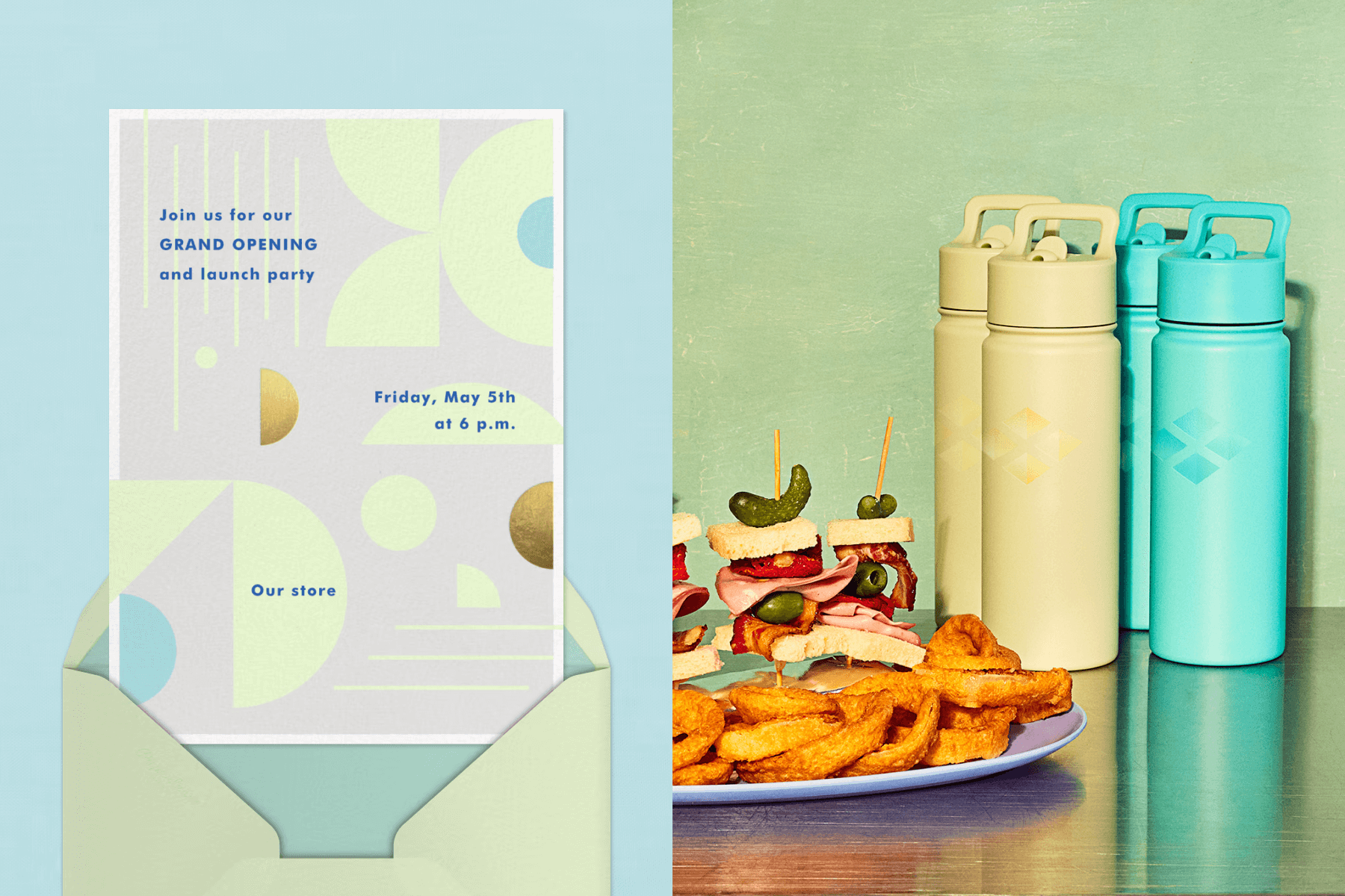 A grand opening invitation with pastel green, olive green, and pale blue shapes and lines over a pale blue backdrop; A metal table topped with yellow and green water bottles and a plate of sandwiches and onion rings in front of a light green wall.