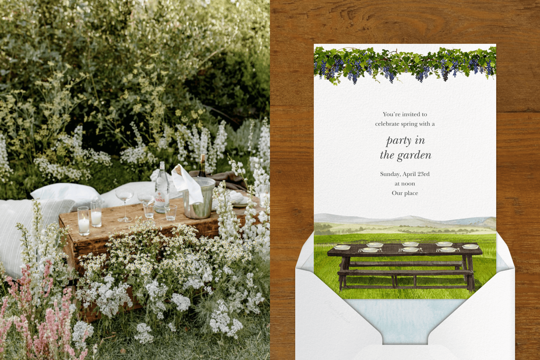 A wooden table with beverages in an overgrown flower meadow; an invitation with a picnic table in a green field.