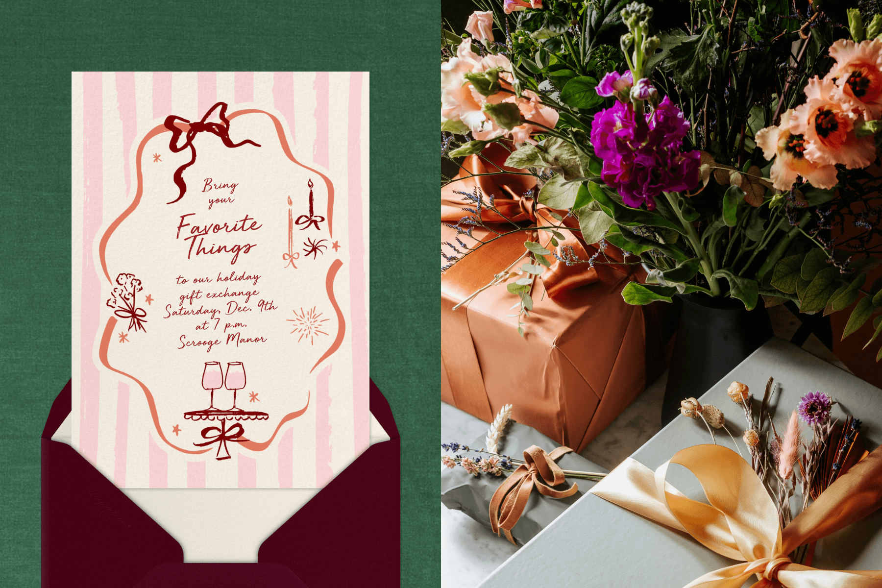 An invitation to a favorite things party featuring pink stripes and festive illustrations; Two wrapped presents with flower accents next to a bucket of flowers.