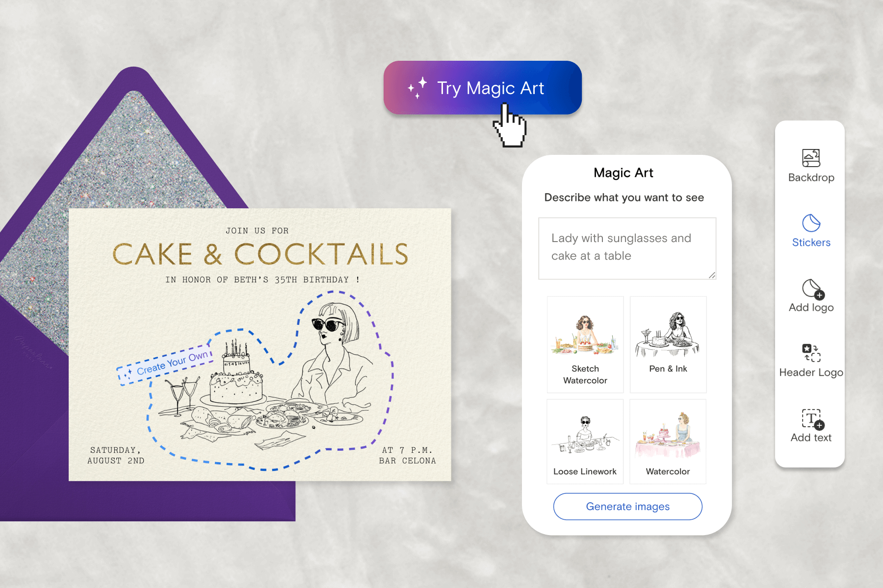 A gray marbled background with a party invitation that reads “JOIN US FOR CAKE & COCKTAILS” with a black and white illustration of a girl at a table with birthday cake, paired with a purple envelope and silver glitter envelope liner, a rainbow button that says “Try Magic Art,” plus a popup of four different illustration styles of the girl at the table.