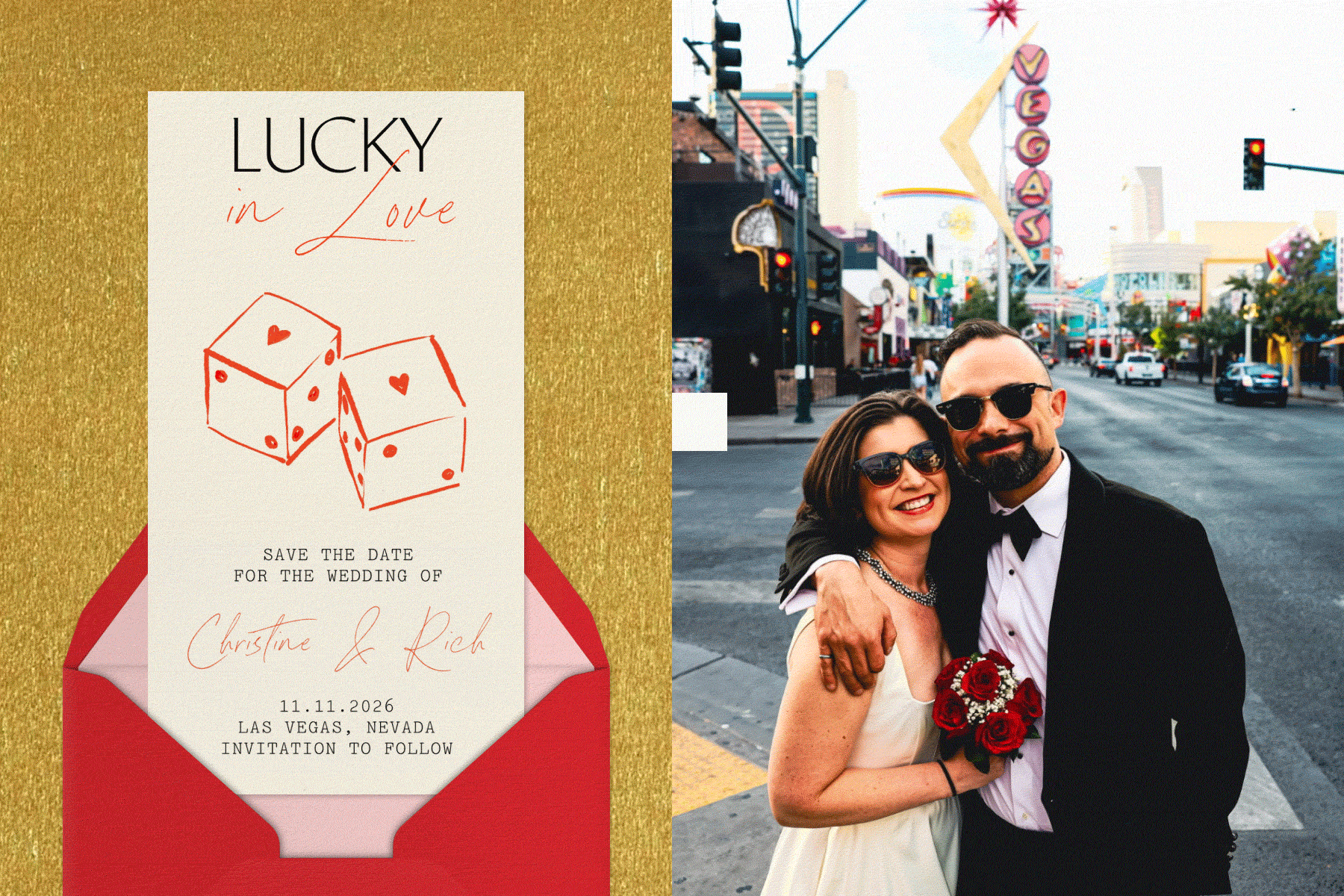 A save the date wedding invitation featuring text that reads ‘Lucky in love” with dice illustrations paired with a red envelope, pink envelope liner, and gold sparkle background; A slideshow of photographs of a couple getting married in Vegas.