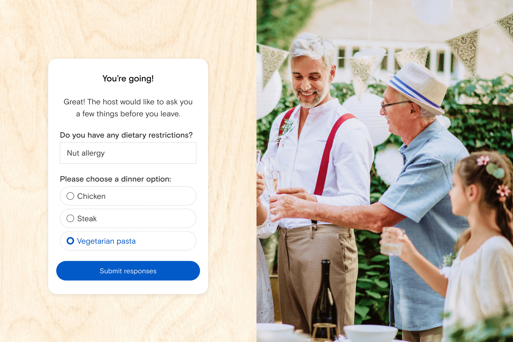 A poll with food options for a wedding vow renewal; Two men and a girl dressed up toasting drinks at an event.
