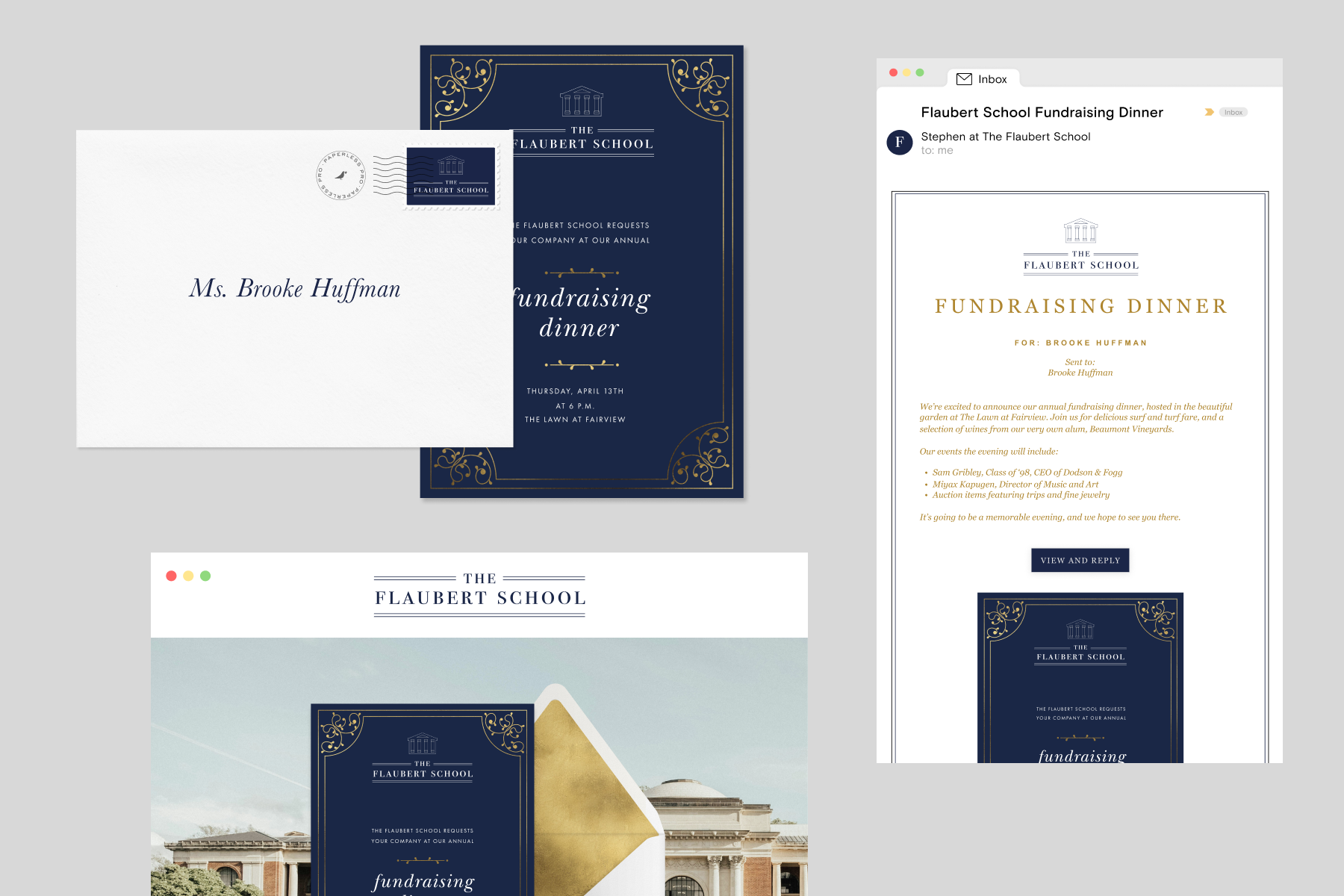 On a grey background, a collection of blue invitations to a fundraising dinner in different formats, including a screenshot from an email browser, a web page, and beside a white envelope with gold lining.