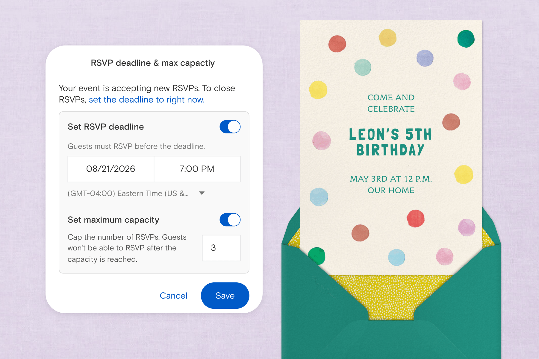On a lavender backdrop, a birthday invitation with multicolored polka dots emerges from a green envelope with yellow lining. To the left, a white square with the words ‘RSVP deadline & max capacity’ above RSVP detail settings.