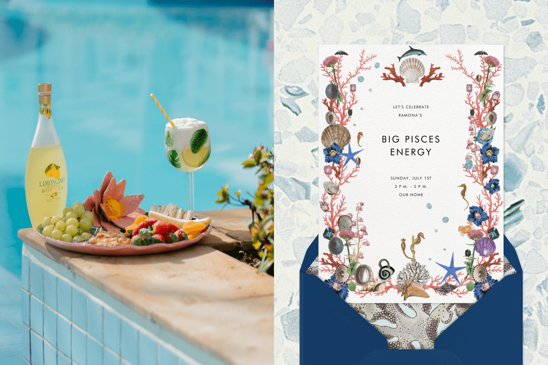A fruit plate and cocktail sitting next to a pool; An invitation featuring ocean animals and coral for a Pisces-themed birthday party. 