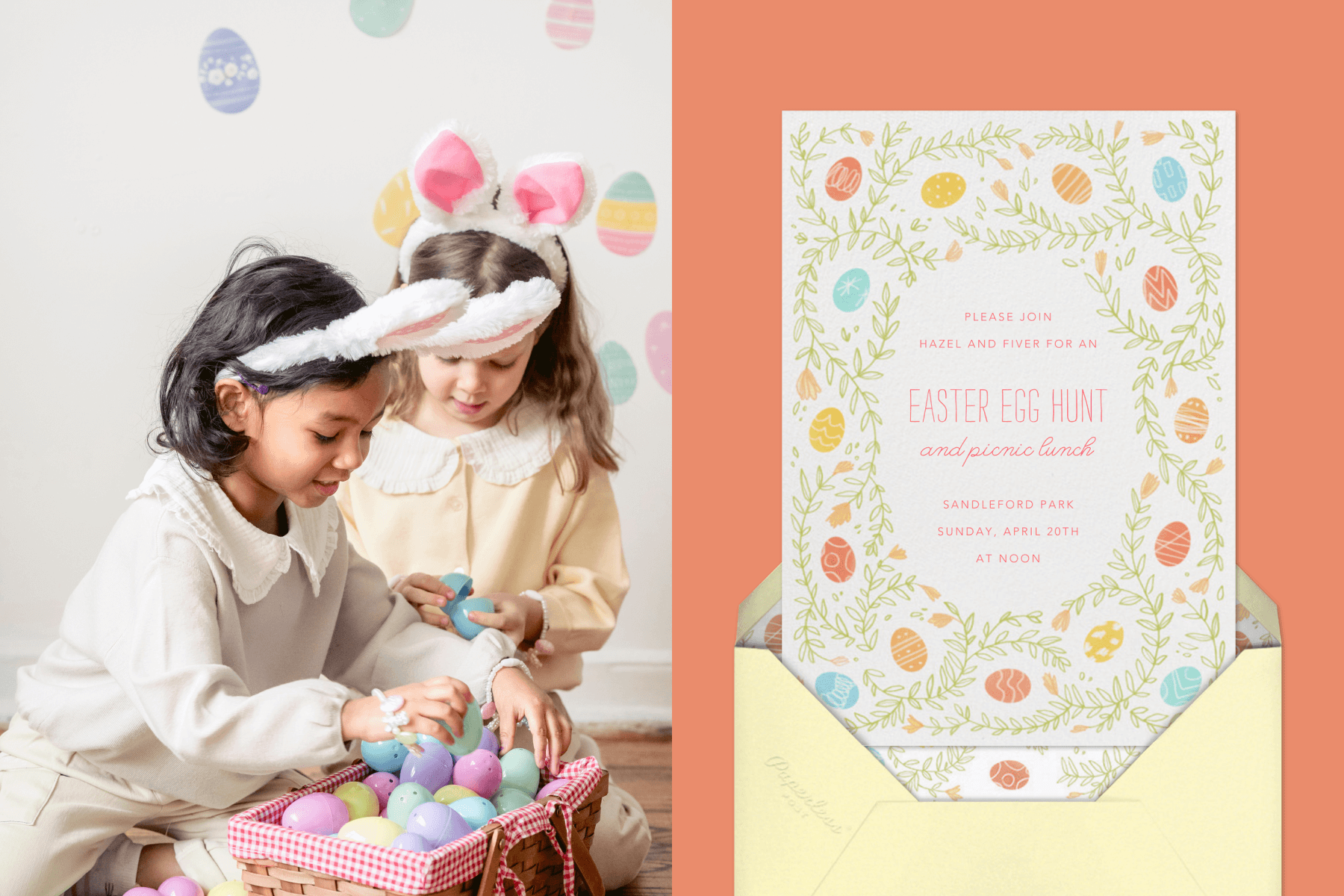 Left: Two children wearing bunny ears collect colorful plastic eggs. Right: An Easter invitation with illustrated dyed eggs and greenery