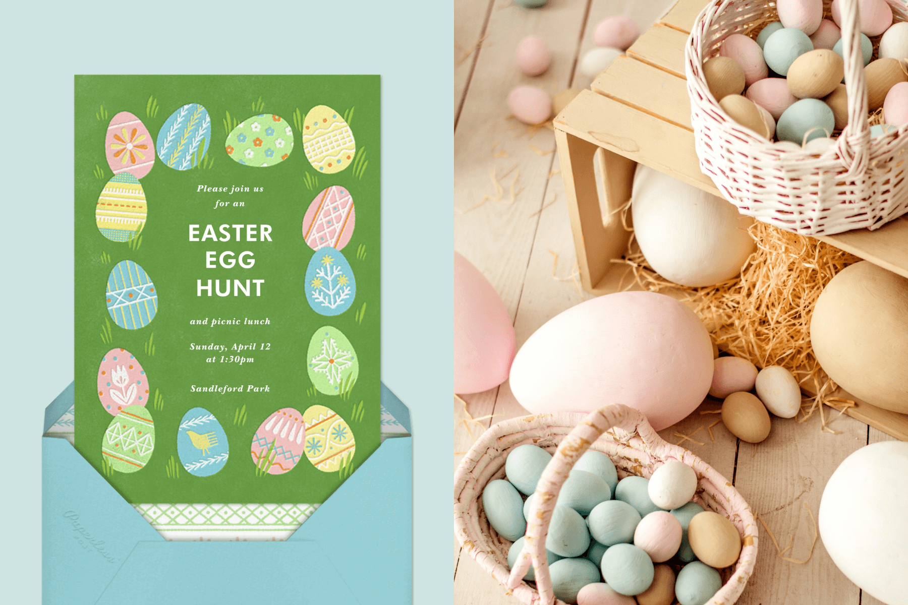 Left: A green Easter invitation with an illustrated border of painted eggs. Right: Pastel colored Easter eggs in baskets alongside large prop eggs.